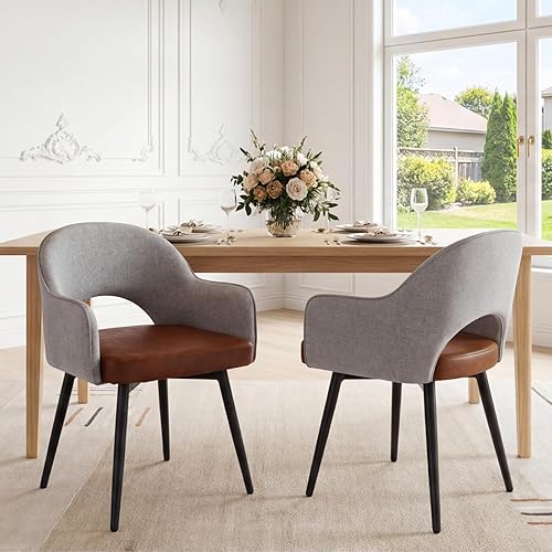 DUOMAY Juego de 2 sillas de comedor giratorias modernas, tapizadas de lino y piel sintética, silla de escritorio de oficina en casa sin ruedas para