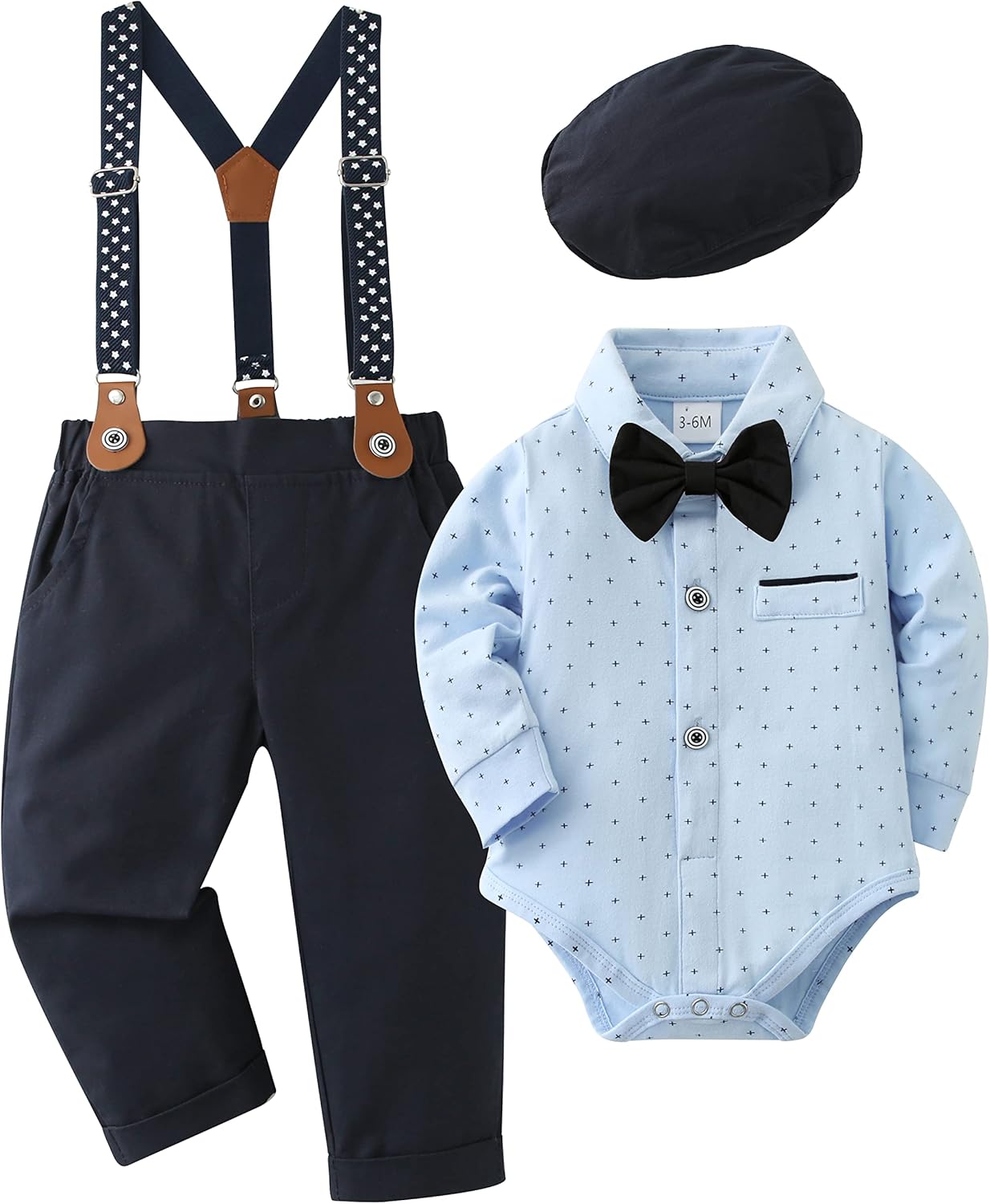 DISAUR Baby Boy Clothes Suits 4PCS Gentleman Outfit Dress Romper Beret Hat Suspender Pants Bow Tie Wedding Set