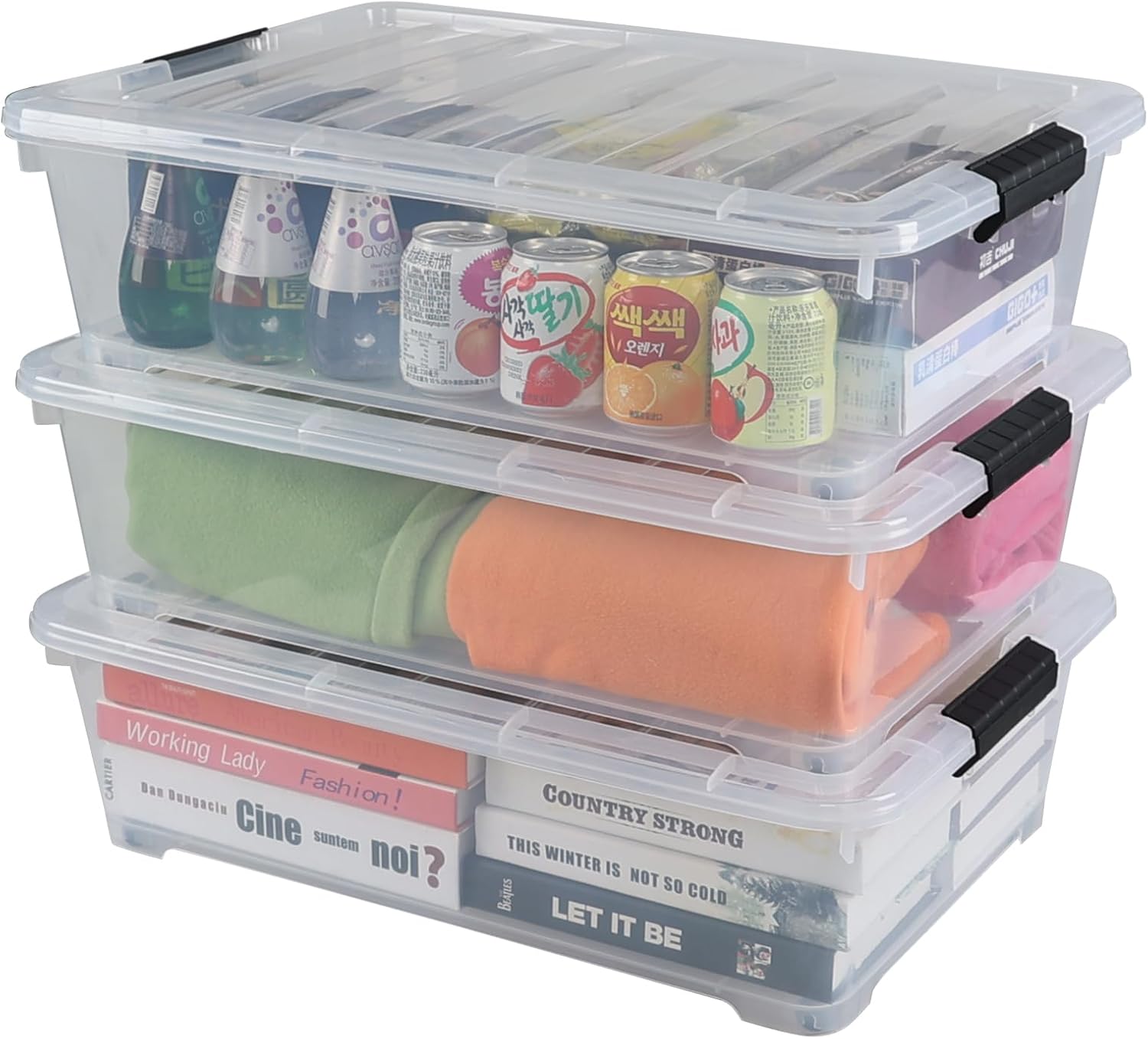 25 L Under Bed Storage Containers Plastic, 3 Packs Latch Storage Box with Wheels