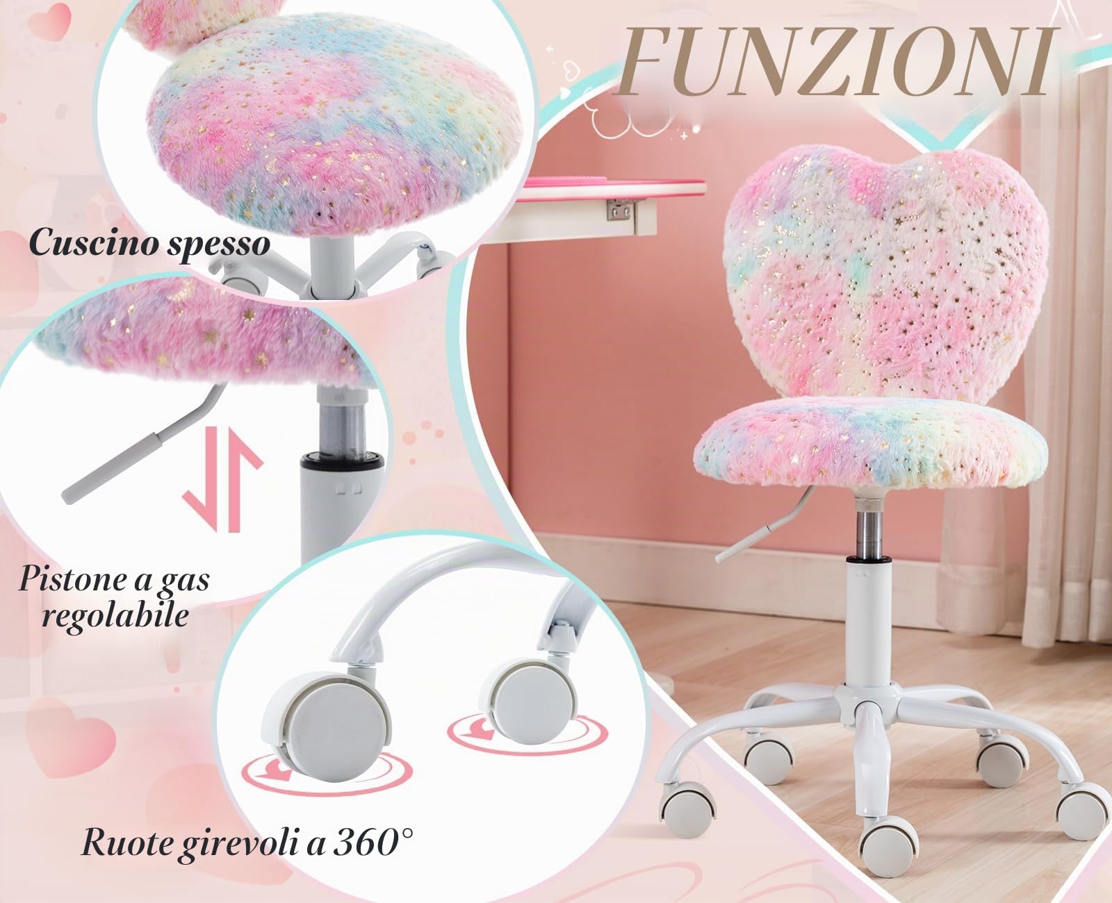 chairus Sedia da Scrivania per Bambina in Pelliccia Sintetica Sedie Girevole ad Altezza Regolabile Sedia Studio con Schienale a Forma di Cuore per Studio/Cameretta, Colorato