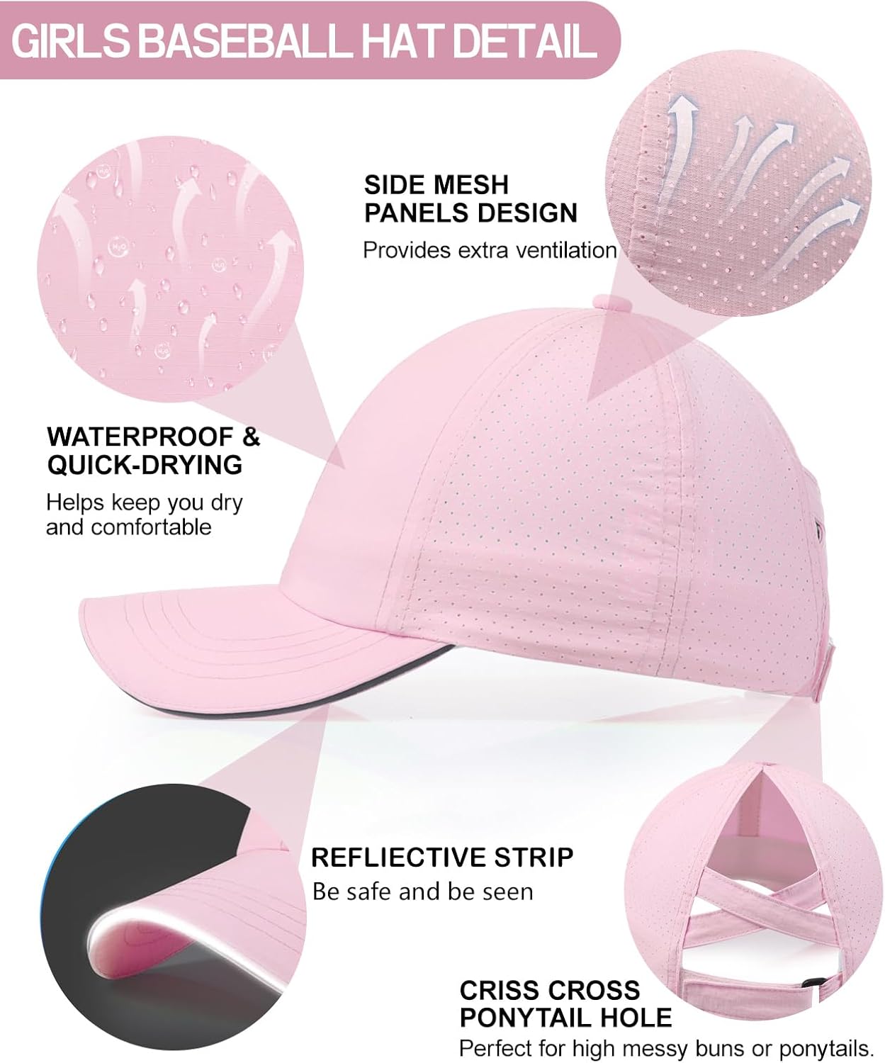 Little Girls Reflective Baseball Cap Criss Cross Ponytail Hat Kids Quick Dry Mesh Summer Sports Hat for Toddler Ages 3-8 - Image 6