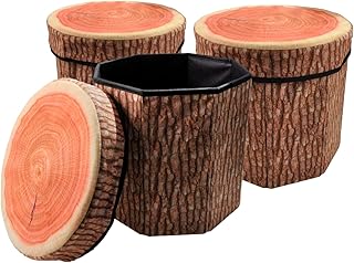 CHEFAN Fruit Storage Stool Ottoman,Tree Stump Stool,Cute Folding Storage Toy Box,Collapsible Seat Chest,Wood Stump Organizer Stool for Toy,Cloth and Kids（3pcs