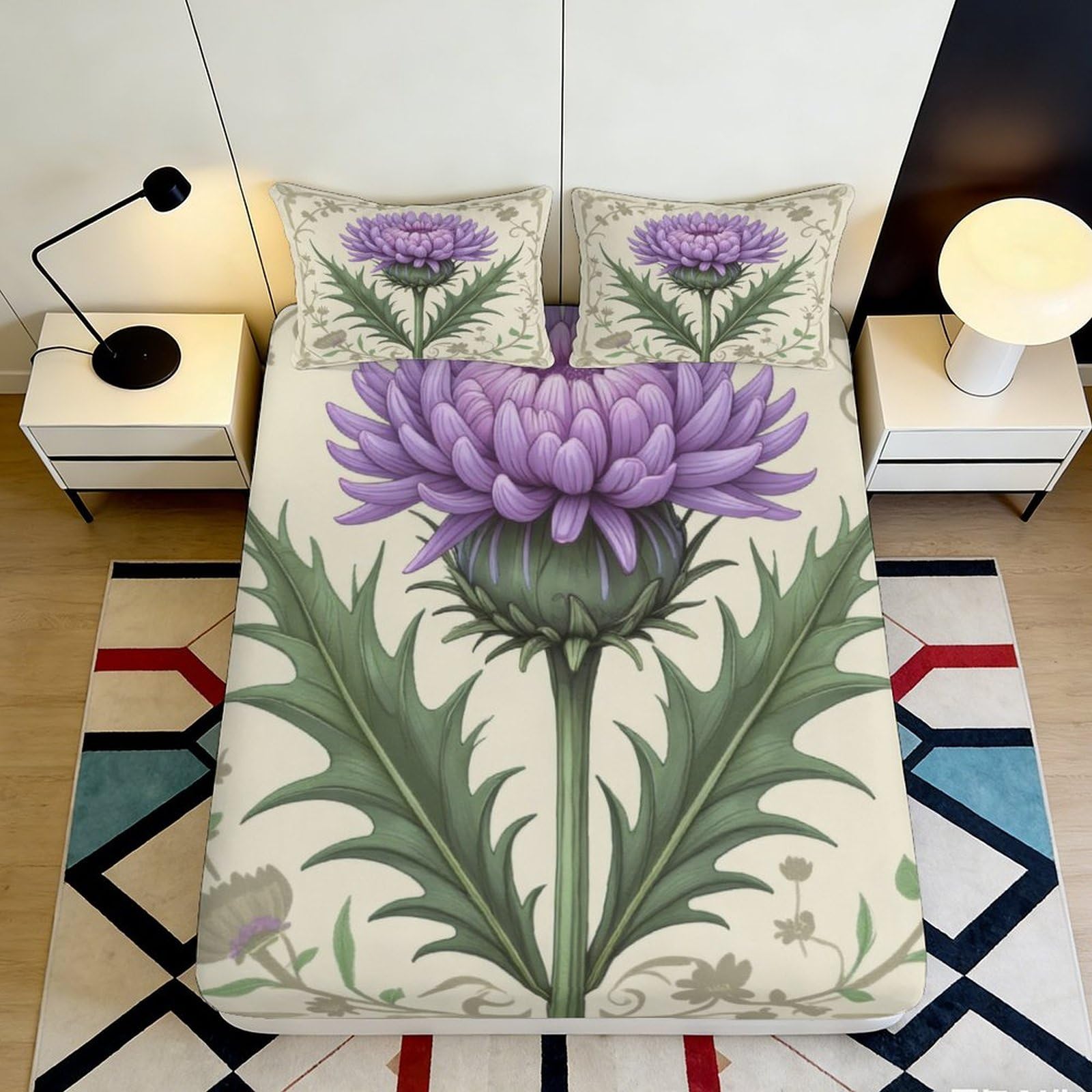 Pnayamiorkfel Style-6 3D Printed Purple Thistle Fitted Sheet Microfiber Floral Art Mattress Cover For Bedroom Guestroom Decor Anti-Slip Washable 90X200x25cm