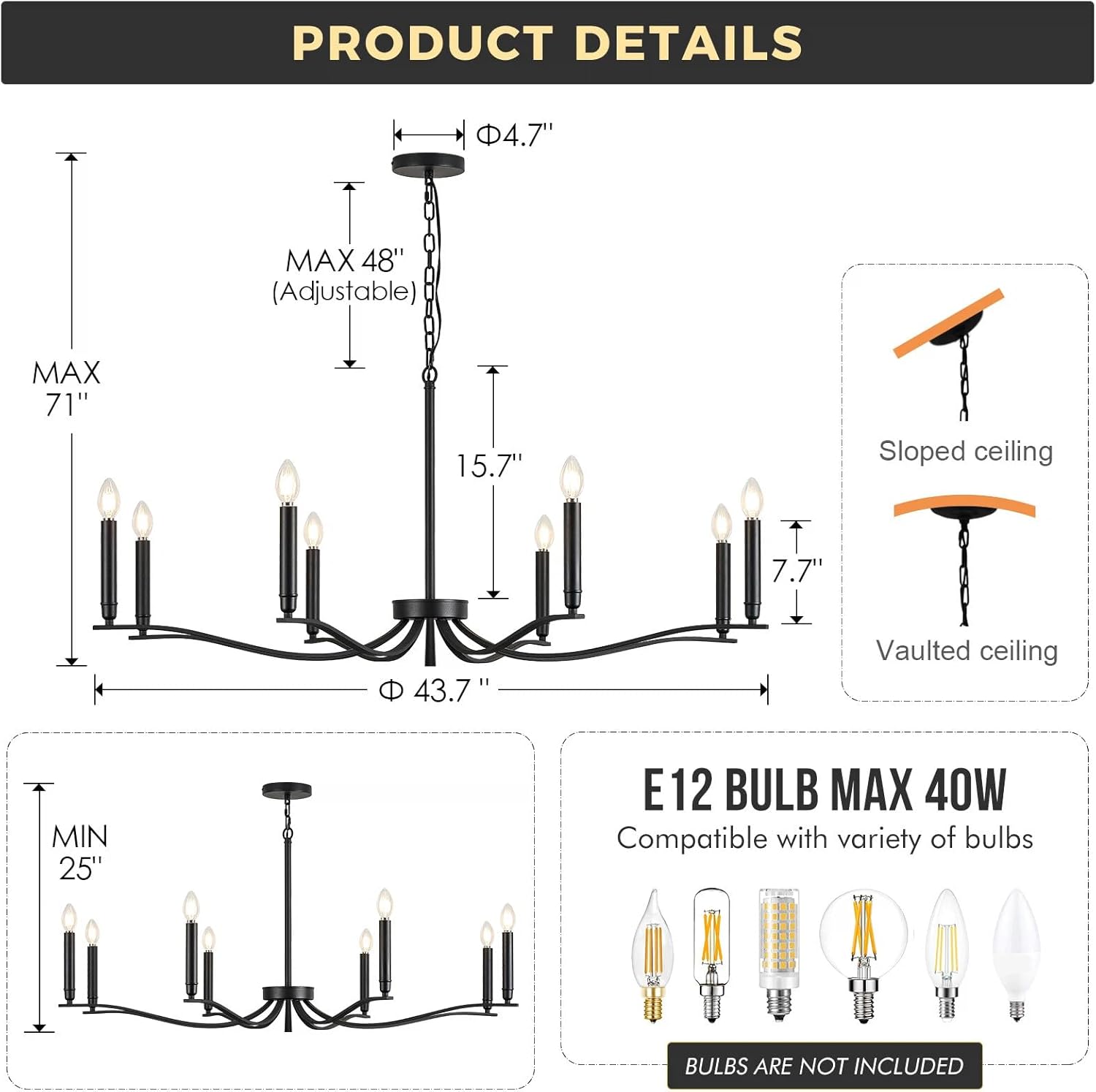 Black Chandelier, Modern Dining Room Light Fixture 8 Light Candle Chandelier Over Table 44in Metal Chandeliers Lighting for Living Room Entry Master Bedroom Bathtub Kitchen