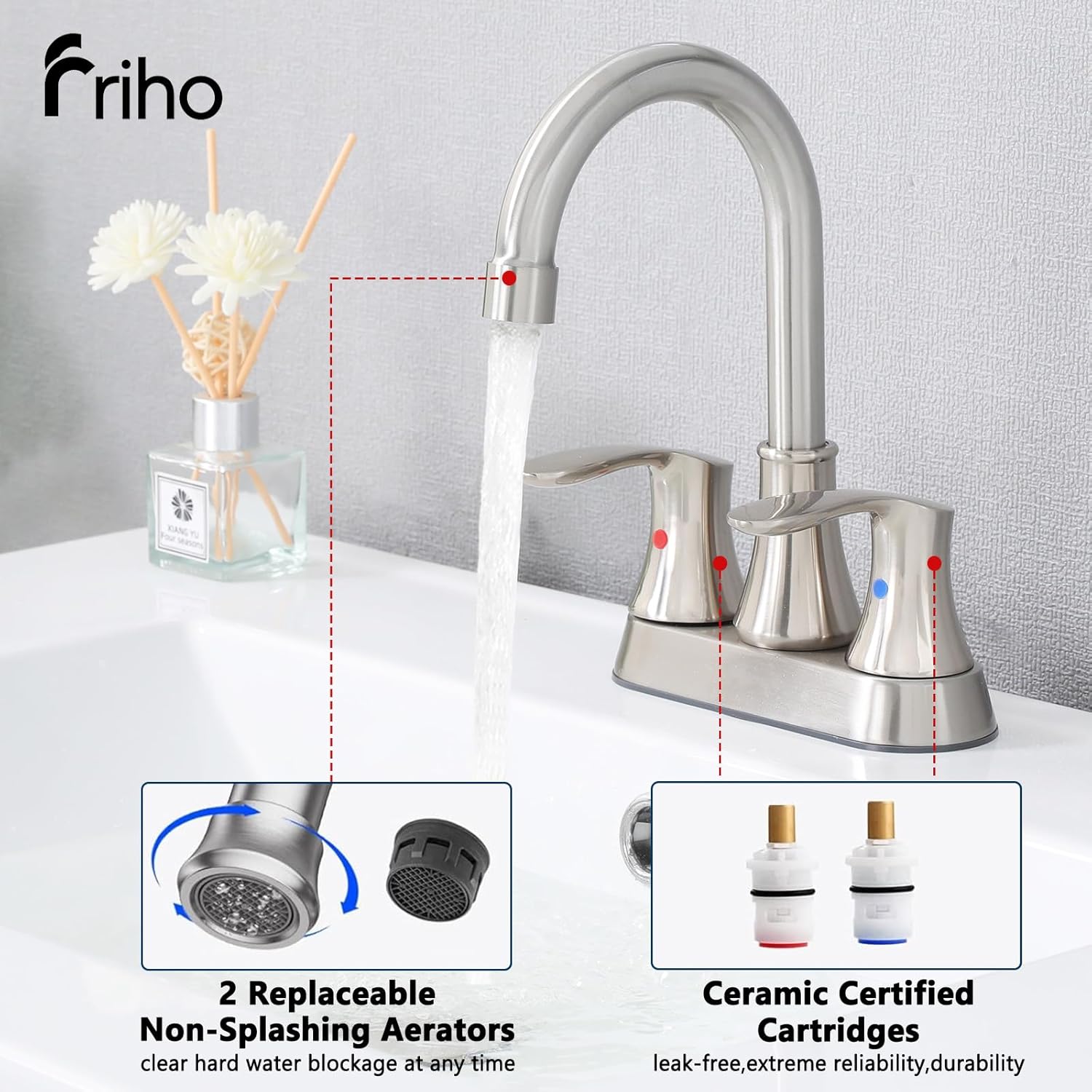Friho 4 Inch Centerset Bathroom Faucet, Brushed Nickel Bathroom Faucets for Sink 3 Hole, Lead-Free 2 Handle Stainless Steel RV Bath Vanity Faucet with with Pop-up Drain and Supply Lines - Image 4