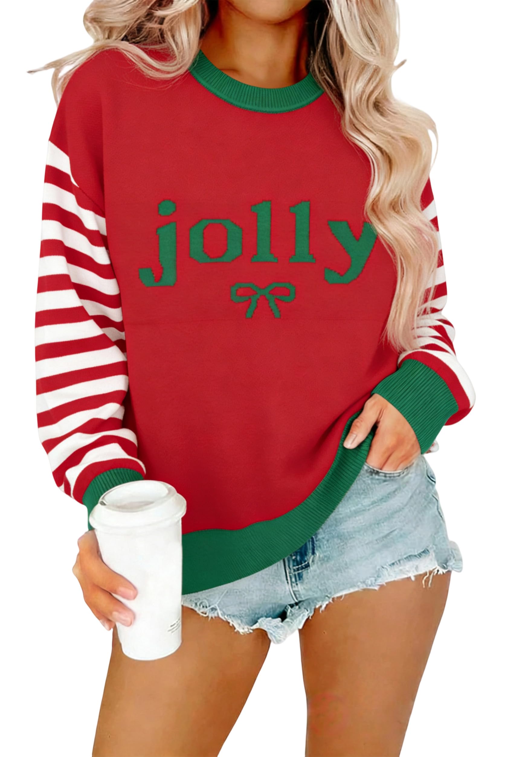 Christmas Sweaters for Women Merry and Bright Shirts Embroidered Graphic Sweater Xmas Striped Pullover Tops