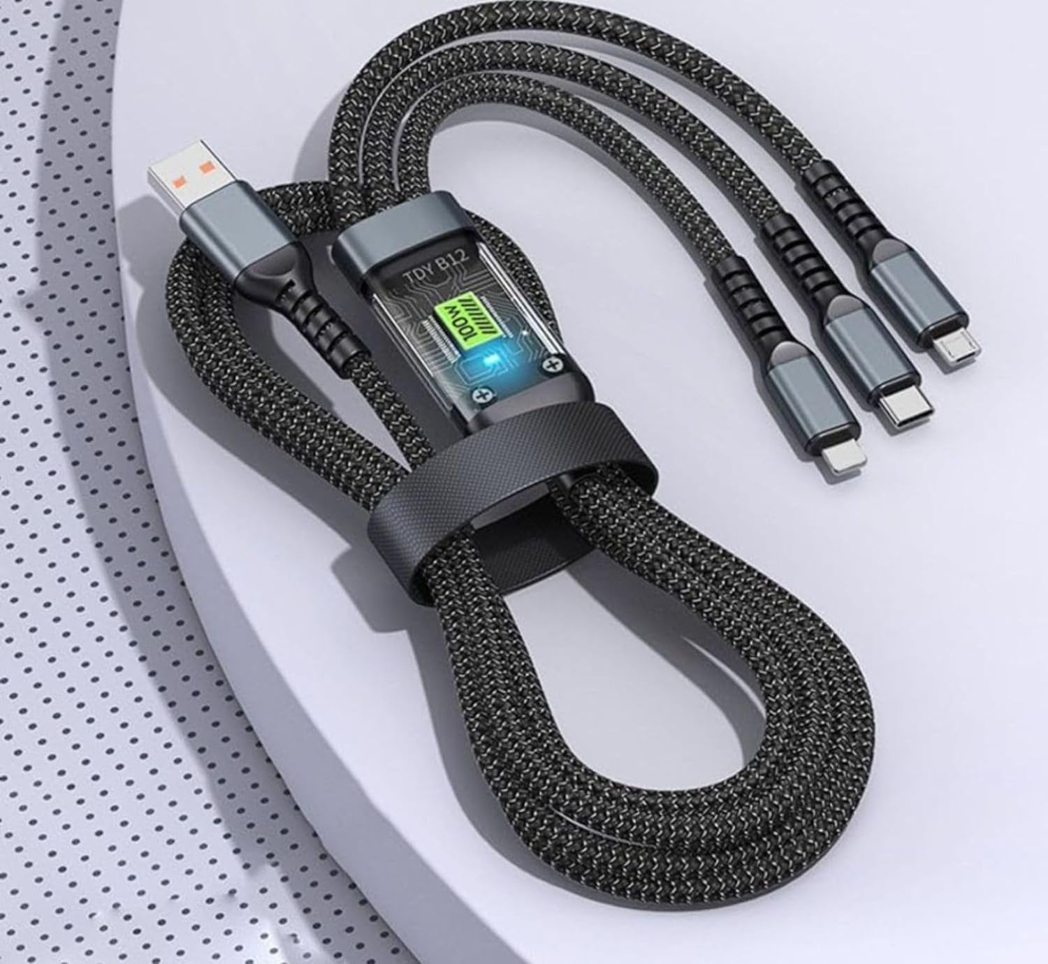 3-in-1 Fast Charging Data Cable, 1.2M Braided, USB to Type-C, Micro USB & compatible with Lightning, 100W/6A max, 480Mbps, Black, Pack of 1-image-16