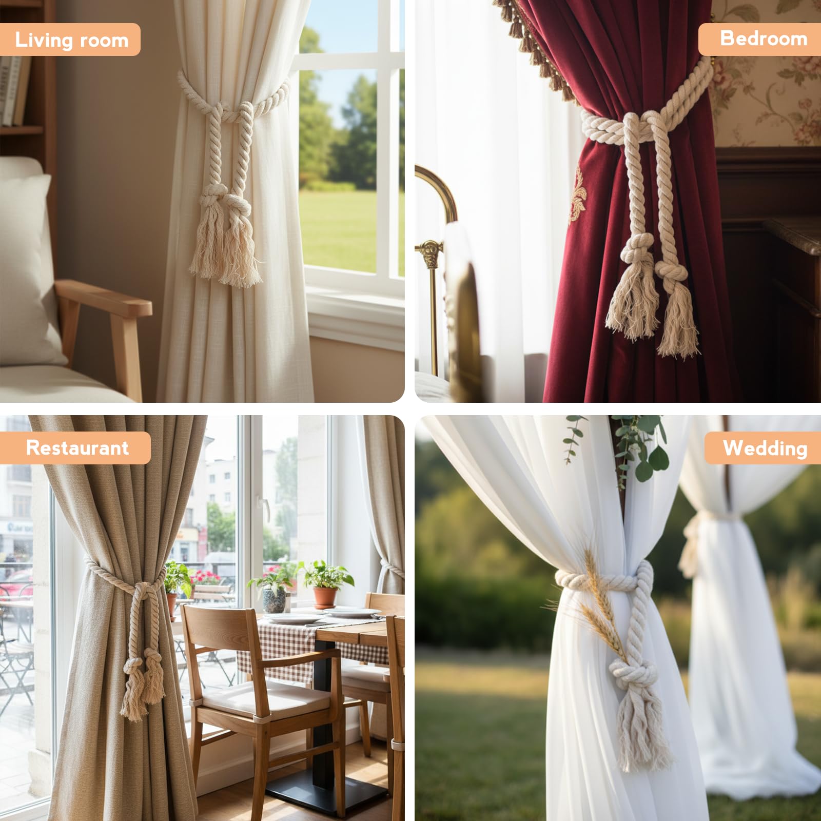 VINATO 4 Pezzi Ferma Tenda, Fermatende Corda in Cotone da 100CM, Corda Intrecciato a mano Stile Bohémien, Decorazione di Tende per Camere da Letto Soggiorni Uffici