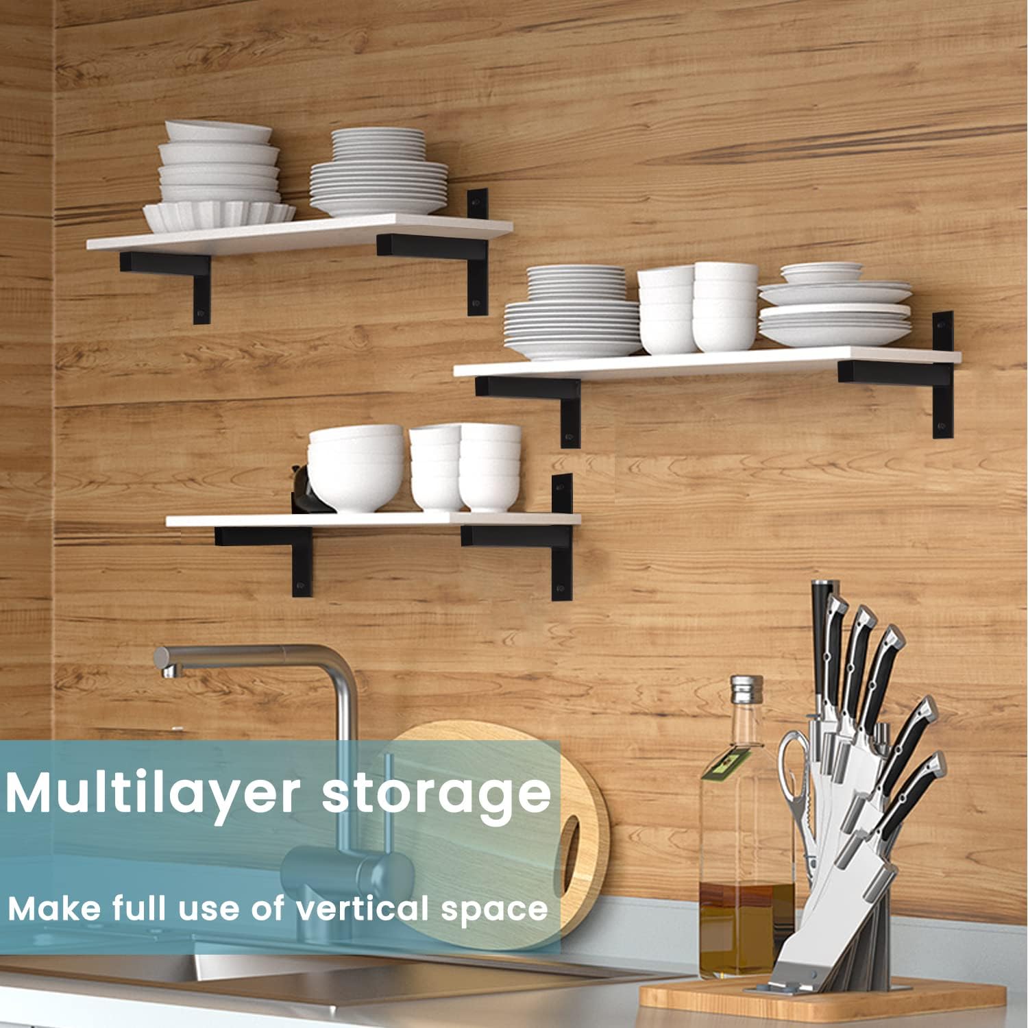 Shelf Brackets, 6 Pcs of 10 Inch Heavy Duty Wall Mounted Floating Brackets, Shelf Supports Hidden Black Metal Brackets DIY