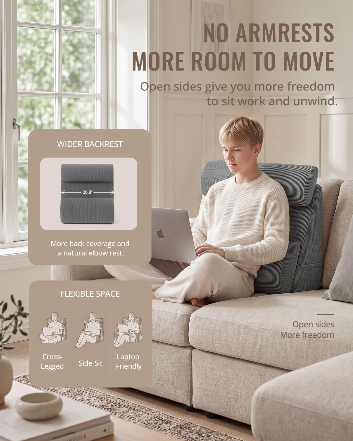 Blissful Diary Reading Pillow, Wide Backrest with Adjustable Support, Grey