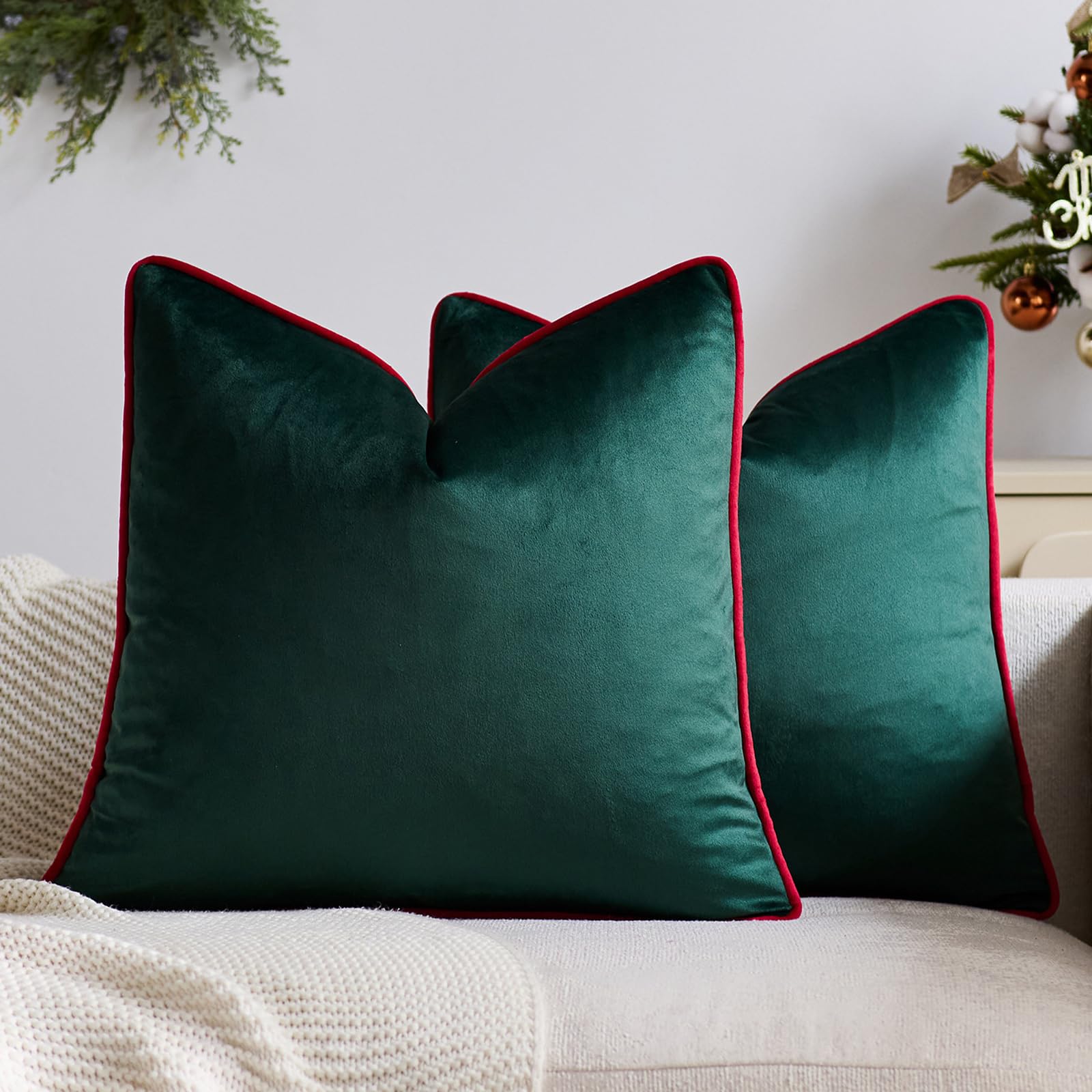 HOSTECCO Green Velvet Cushion Covers 45x45 cm Set of 2 Christmas Cushion Cases Winter Decorative Cushions for Bed Sofa Couch โ image 1