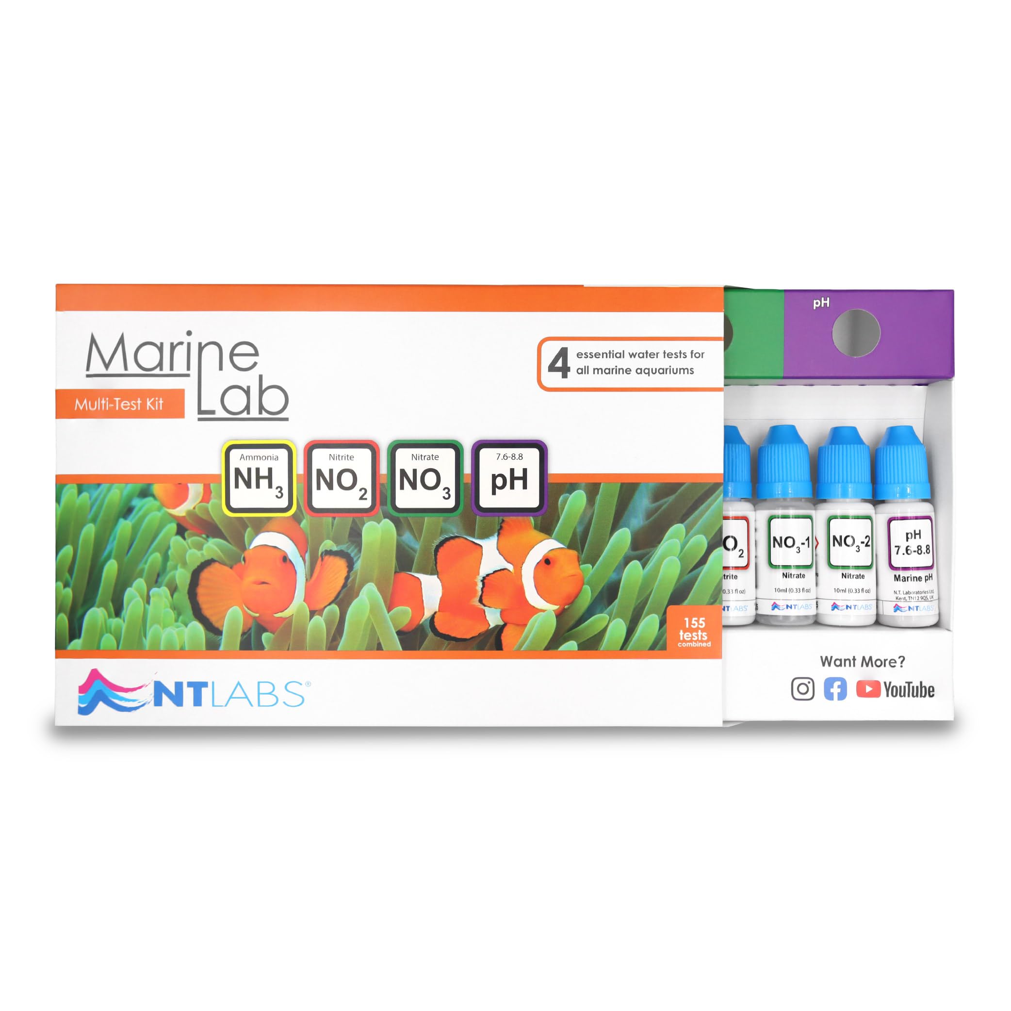 NT Labs Aquarium Lab Multi Test Kit – Test para Acuario Marino 4 en 1 (Amoníaco, Nitrito, Nitrato, pH) hasta 155 Test, Kit Líquido Alta Precisión