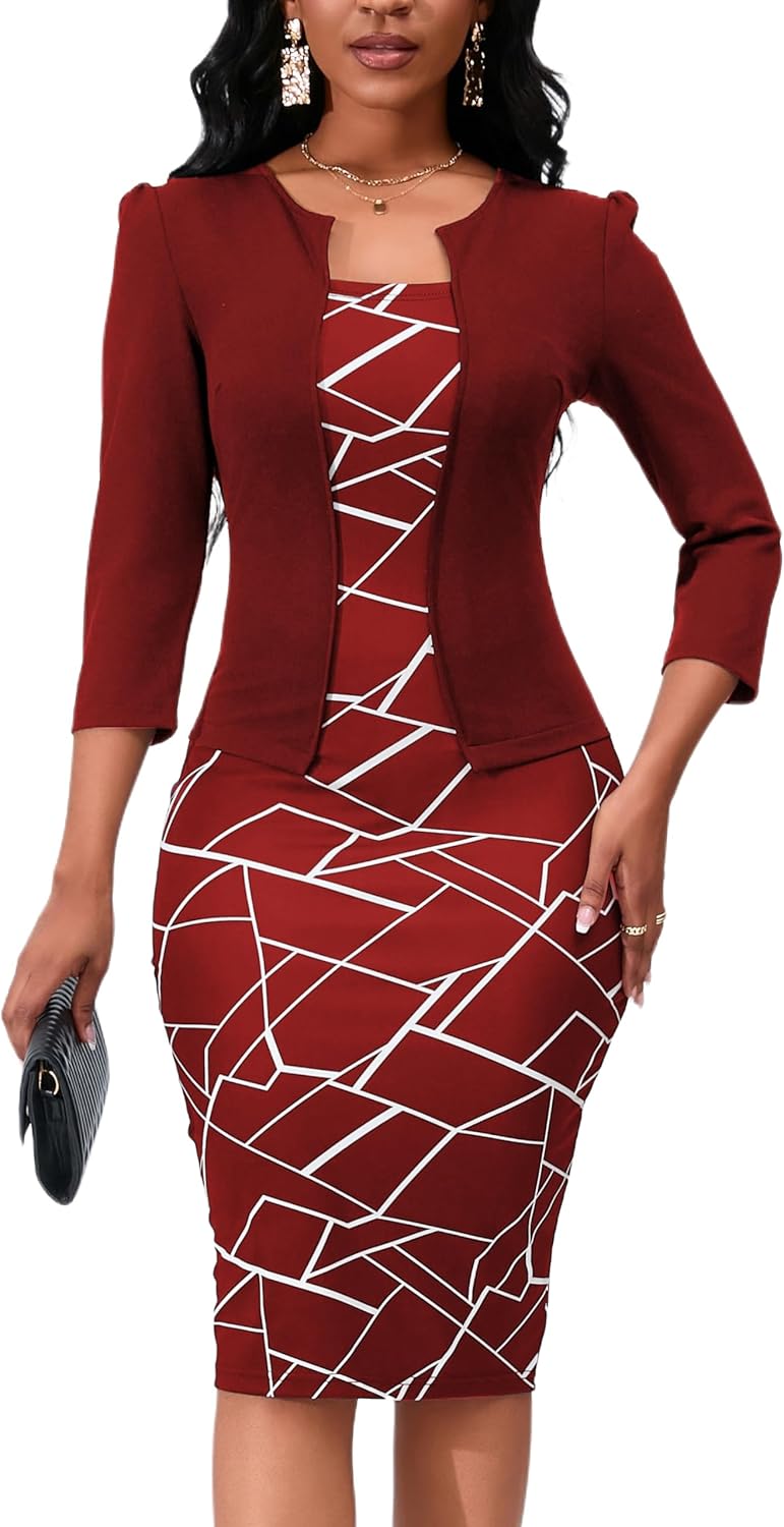 Yajedo Women's Reto Bodycon Midi Dresses 3/4 Sleeve Church Wear to Work Business Pencil Dress - Image 2