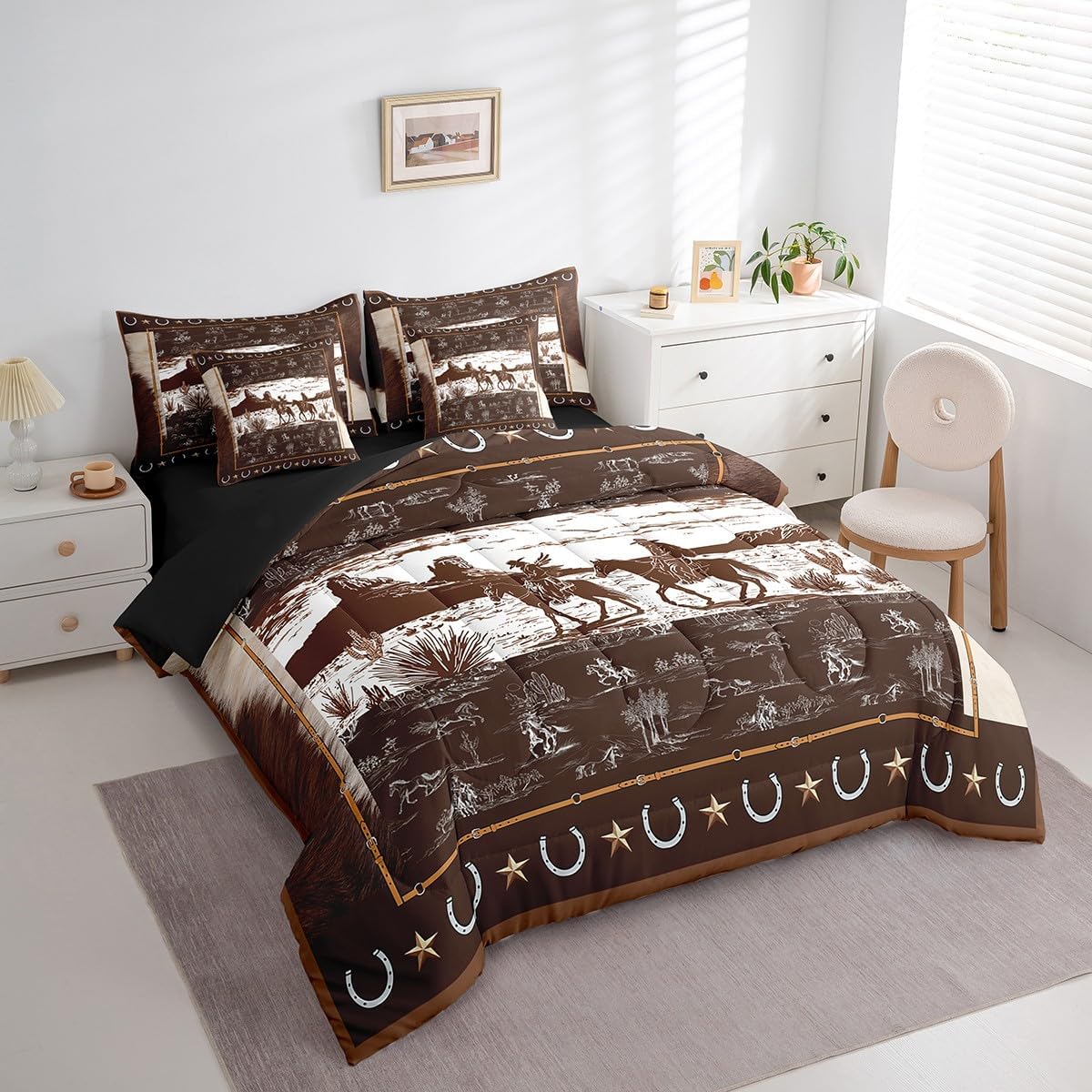 Feelyou Western Aztec Comforter Set 7 Pieces Twin Size Horse Bedding Set Cowboy Rustic Western Decor Country Wild West Down Bed in a Bag Brown White Bed Set with Comforter, Sheet Set, Pillowcases - Image 2