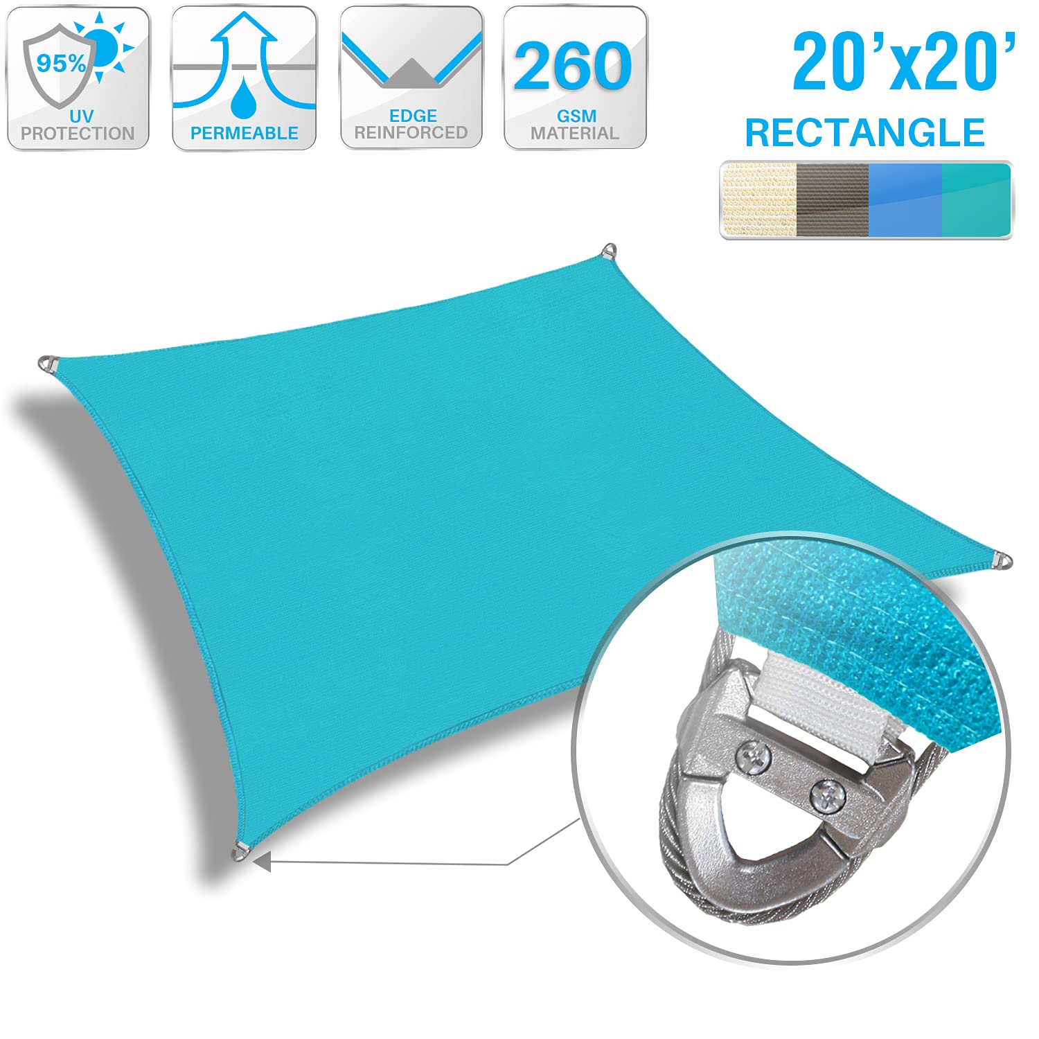 Patio Paradise 20' x 20' Shade Sail Rectangle Sun Canopy with Super A-Ring, UV Block Shade Fabric Heavy Duty Customized Patio Cover for Deck Backyard Outdoor, Commercial Grade, Turquoise
