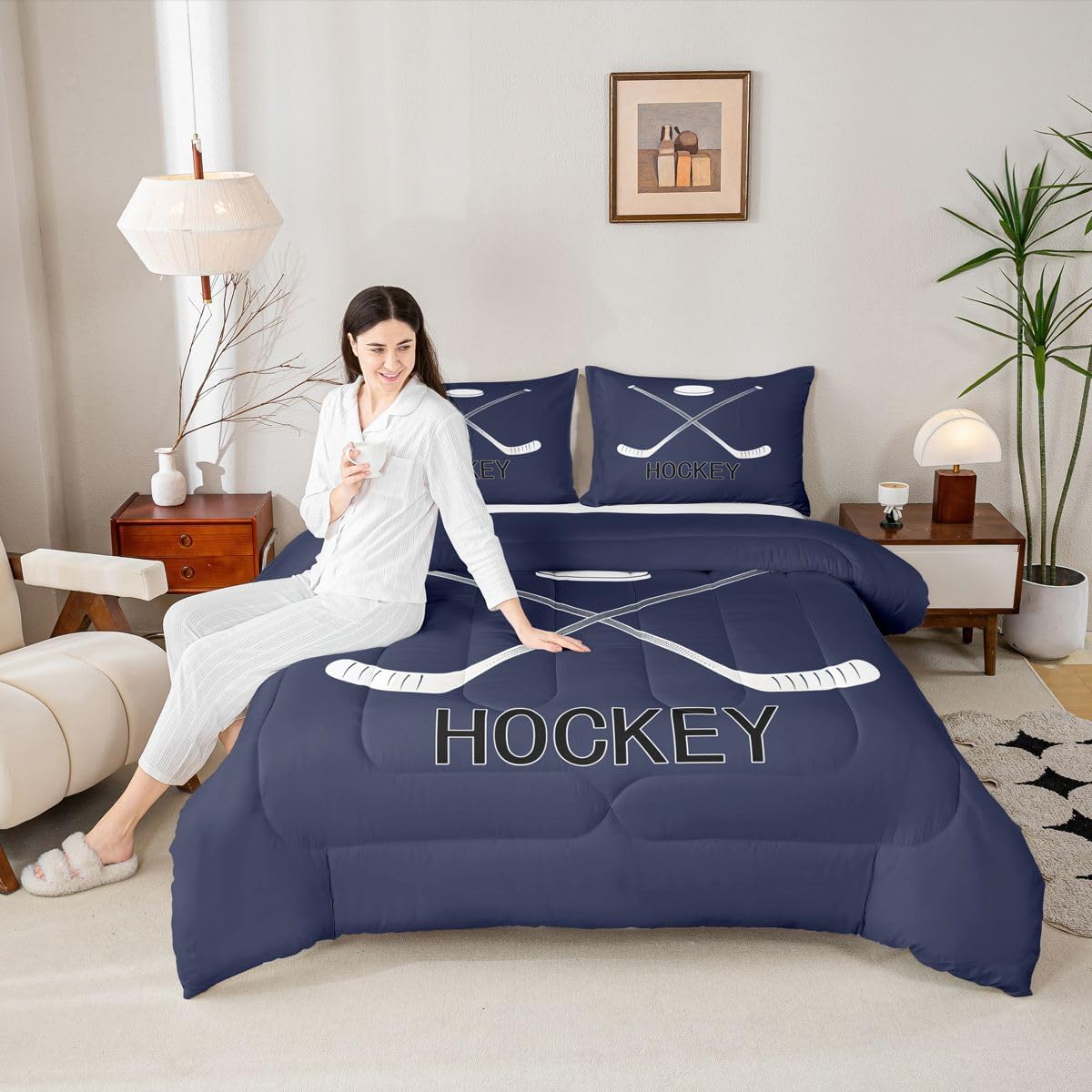Erosebridal Ice Hockey Comforter Set Queen, Ball Sports Gaming Bedding Set Ice Hockey Gifts for Boys, Equipments Stick and Puck Quilt Winter Sports Games Duvet Insert with 2 Pillow Cases, Dark Blue
