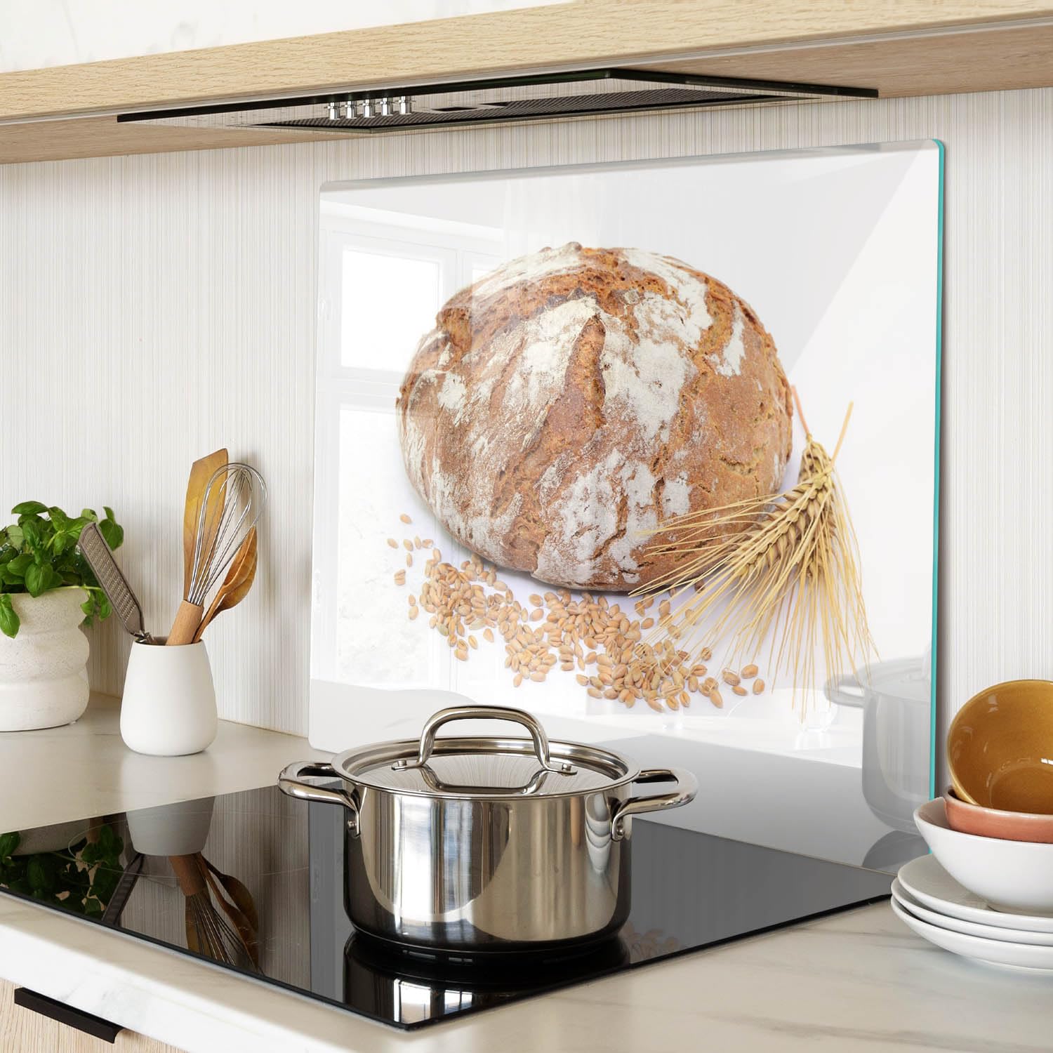 Tagliere in Vetro 60x52 cm Facile da Pulire Rettangolare con Stampe da Cucina Antigraffio Durevole e Igienico con Piedini Antiscivolo Resistente al Calore - Pane e grano