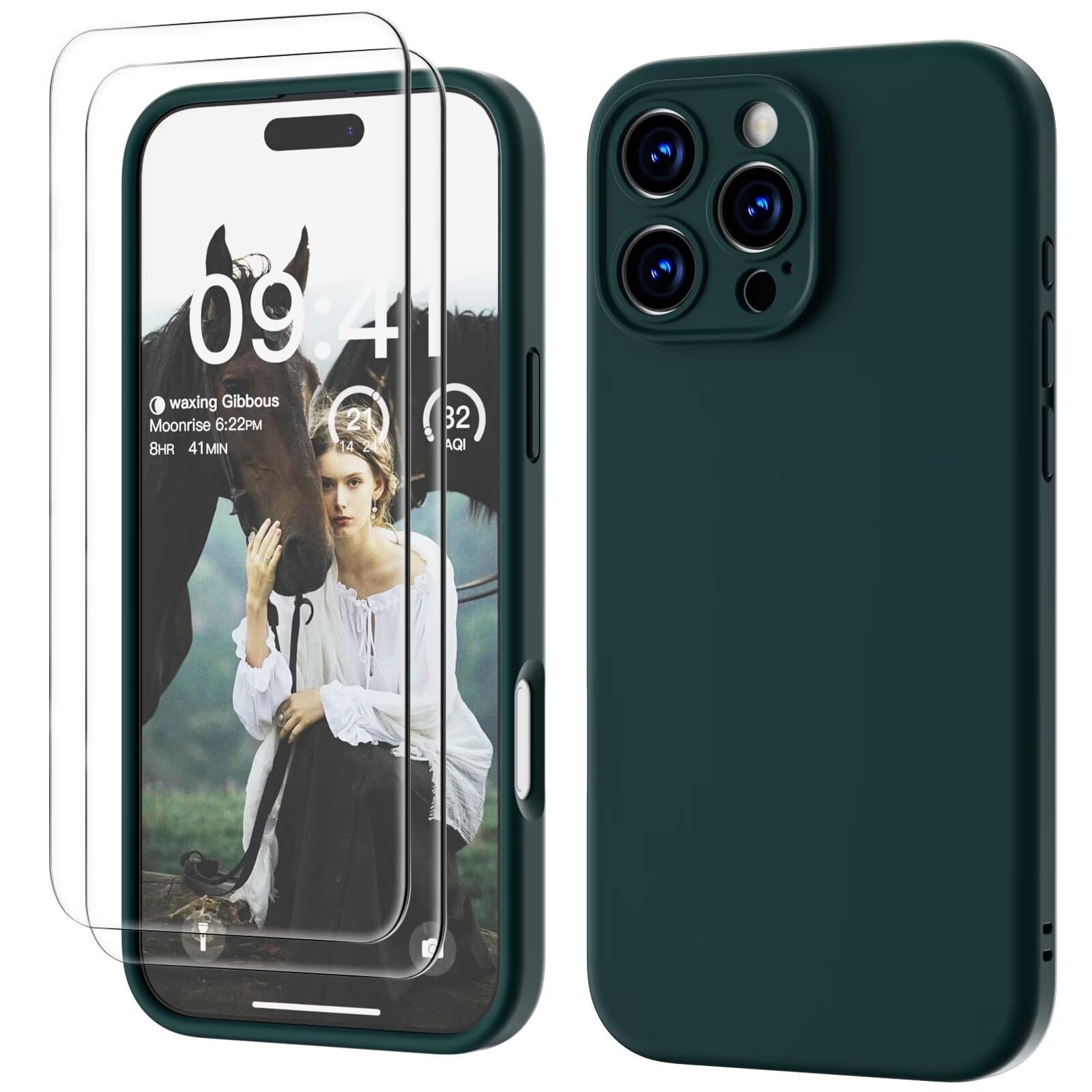 GOODVISH 3 in 1 Silicone Cover per iPhone 16 Pro Max 6.9", Custodia con 2 Pellicola Vetro Temperato [Protezione Fotocamera] Protezione Anticaduta Case per Cellulare Antiurto Resistente, Verde Scuro