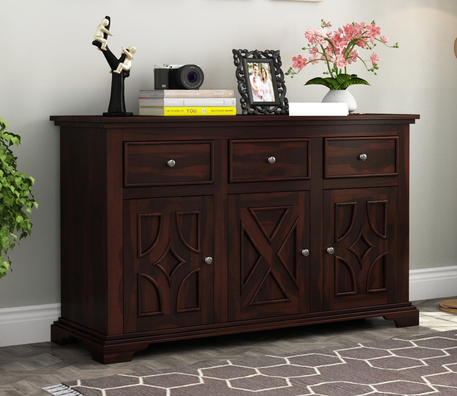 GADWAL FURNITURE Solid Sheesham Wood Wooden Cabinet Sideboard with 3 Drawers and 3-Door Storage (Kaiya, Walnut Finish)-image-32