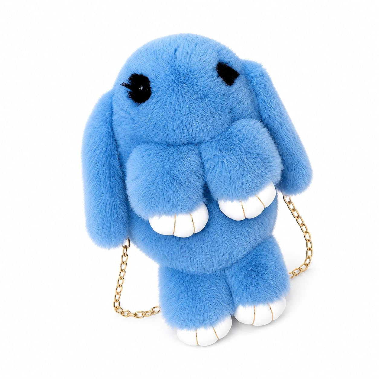 Fluffy Bunny Crossbody Bag, Blue Plush Rabbit with Gold Chain-image-25