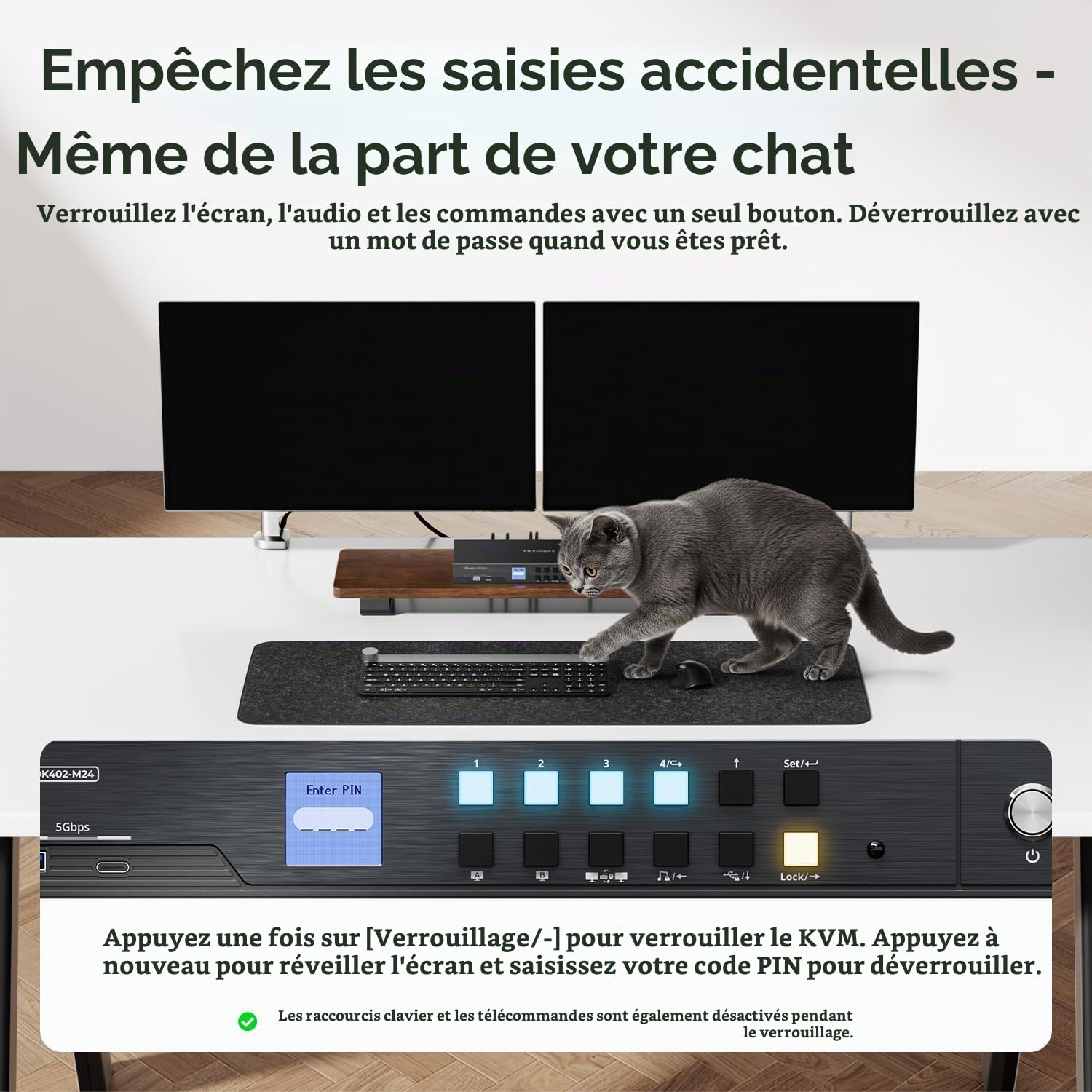 TESmart Pack KVM HDMI+DP 8K@60Hz 4 PC 2 Moniteurs + Câble HDMI 2.1 Fibre Optique 10 m, 48 Gbit/s, 4K@144Hz, USB 3.0, EDID, Réseau Gigabit, HDCP 2.3