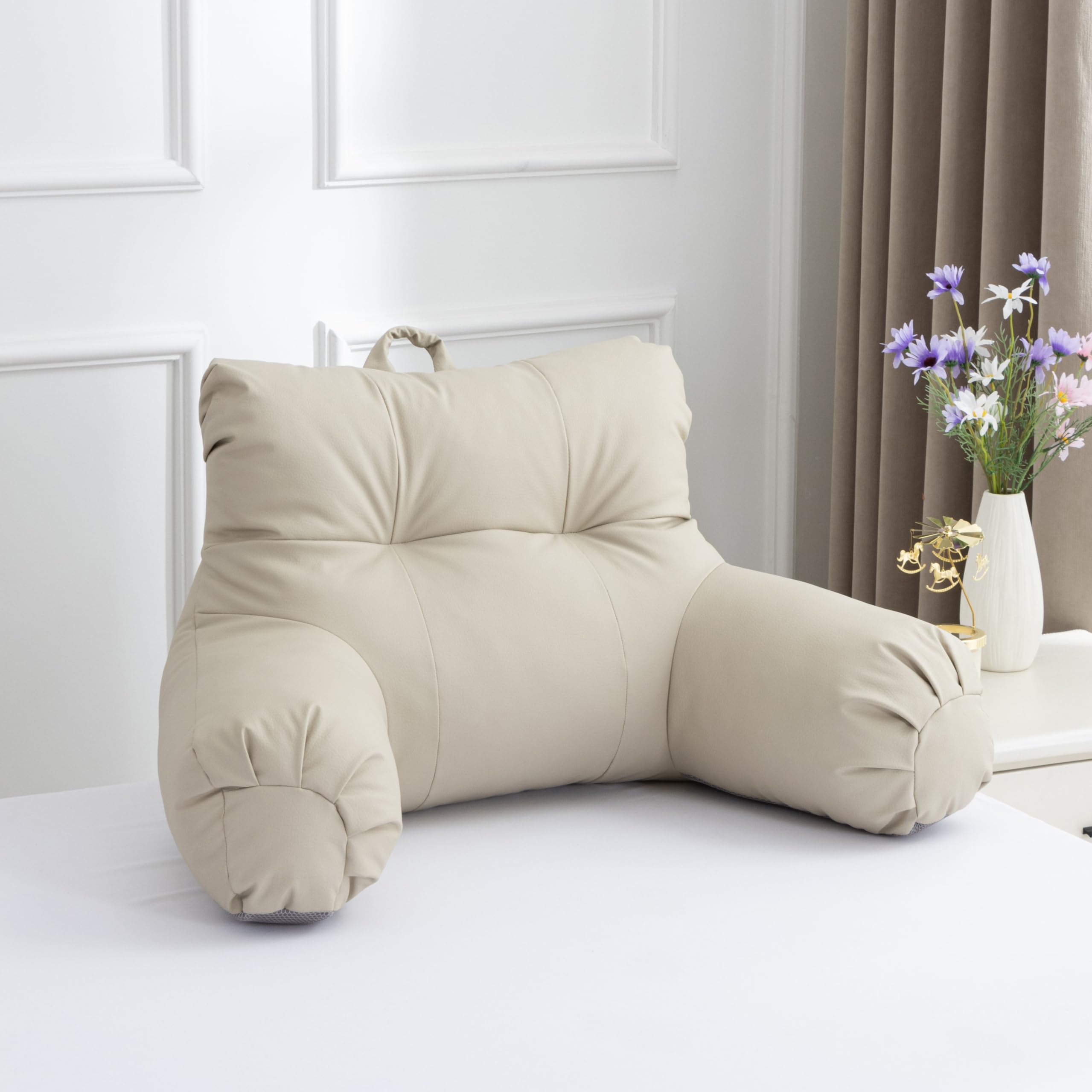 Btargot Extra Large Faux Leather Reading Pillow Bed Wedge Large Adult Backrest Lounge Cushion with Arms | Back Support for Sitting Up in Bed Cream Gray