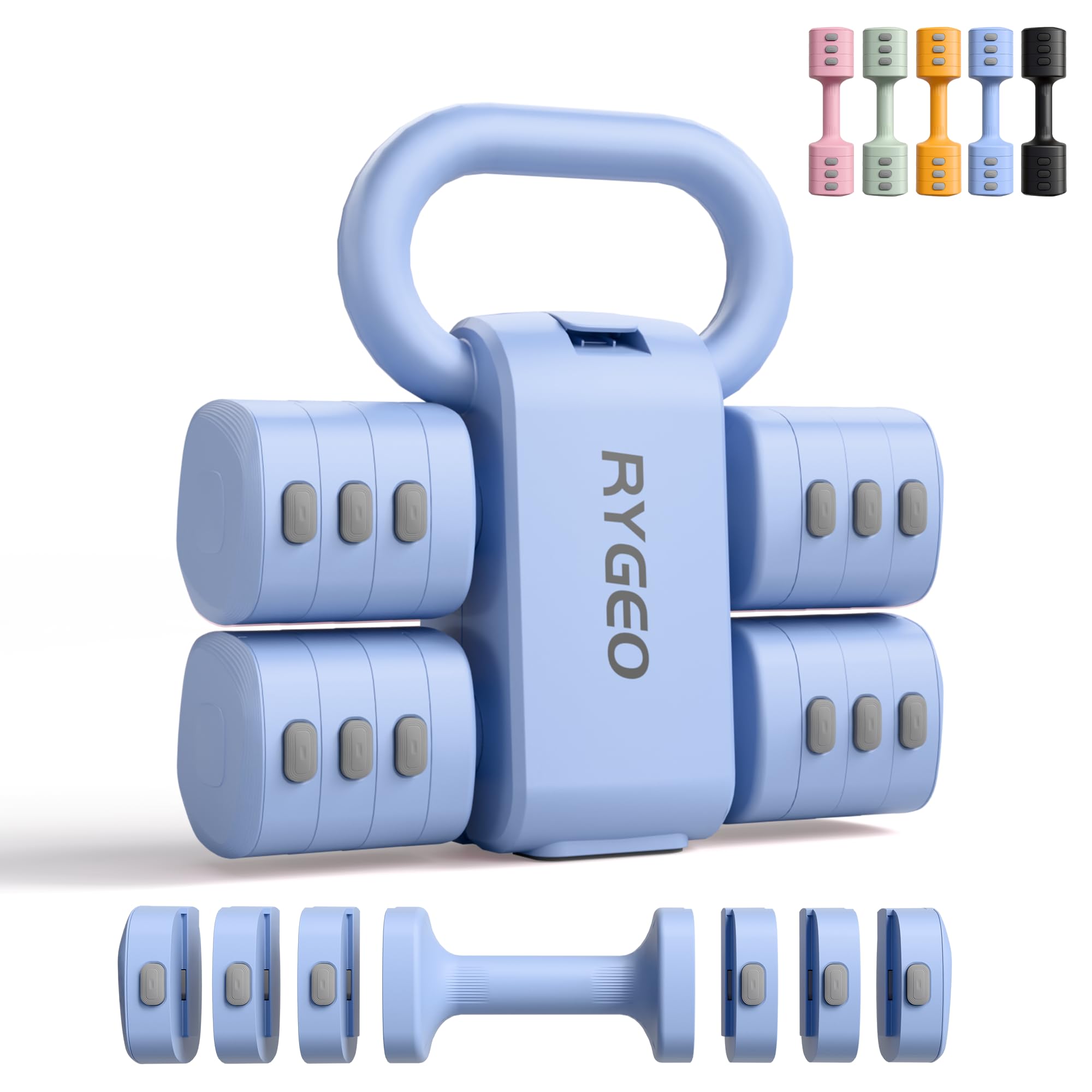 RYGEO Adjustable Dumbbells: Weights for Women with 2-in-1 kettlebell set, 4 levels (1.45-5.54KG), home gym equipment for fitness (Blue)