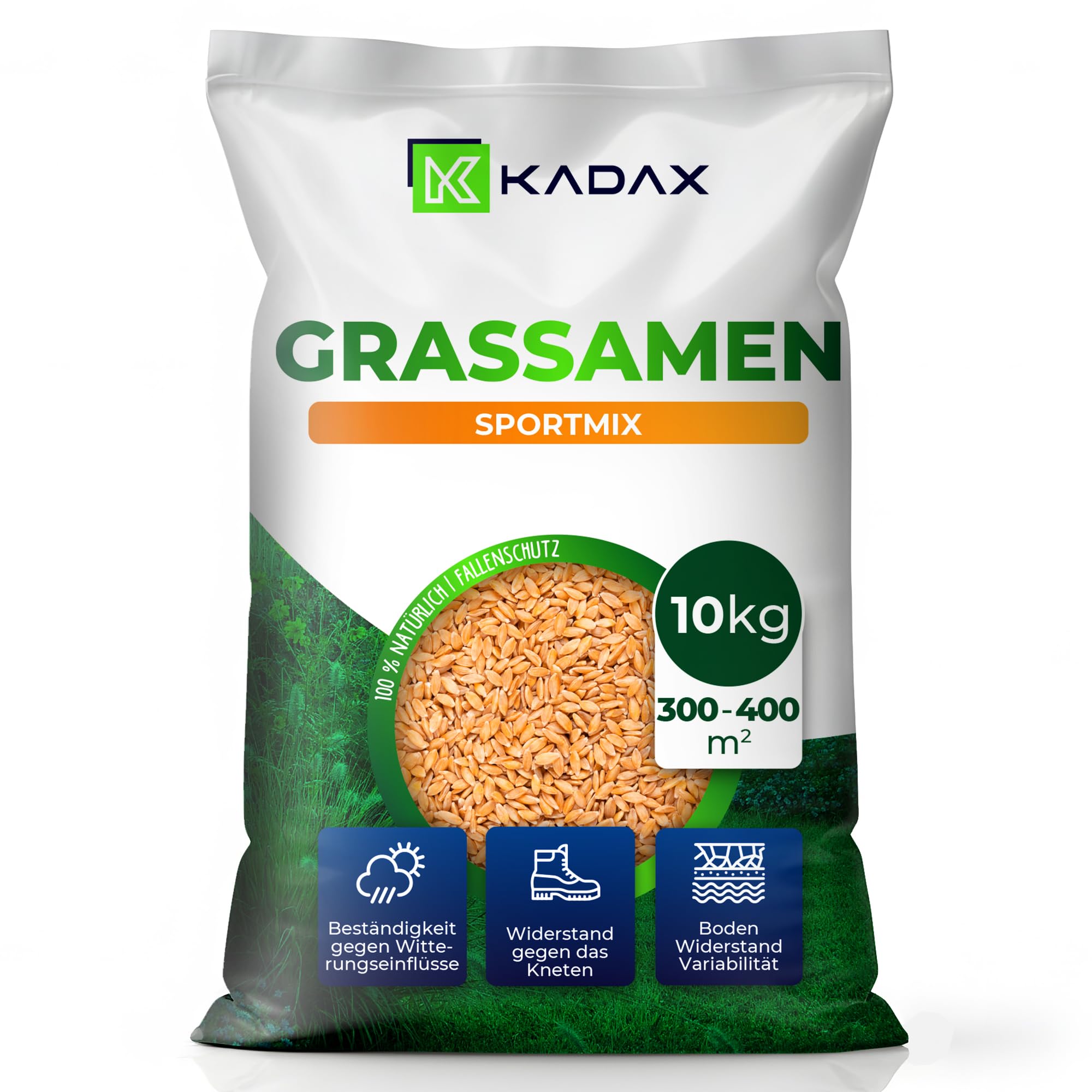 KADAX Sportrasen, 400 m², Spielrasen, Saatgutmischung, Rasensamen, Grassamen, Rasensaat, Rasenmischung, wirksames Saatgut, Gras, Rasensaatmischung (10 kg)