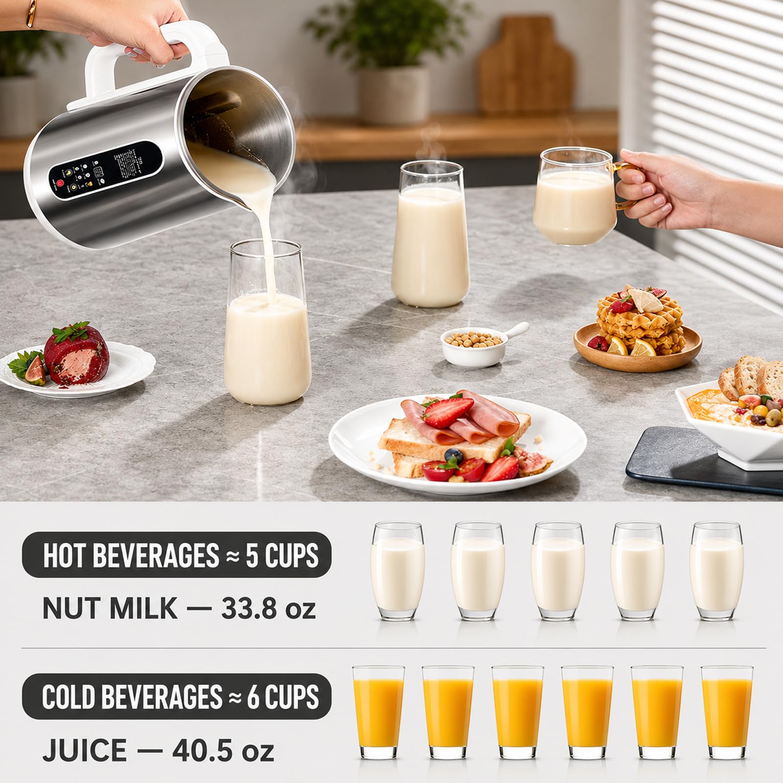 Macchina per Latte Vegetale 1,2 L, Latte di Soia con Timer 24 Ore e LED | 12 Lame in Acciaio Inox, Frullatura in 5 Min Senza Ammollo, Mantenimento Caldo e Autopulizia per Casa e Famiglia