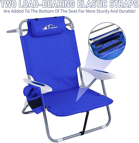 Miniatura 4 de Dr.Quark Silla de playa con correas de mochila de 4 posiciones, mochila plegable clásica plana y resistente para adultos con bolsa enfriadora