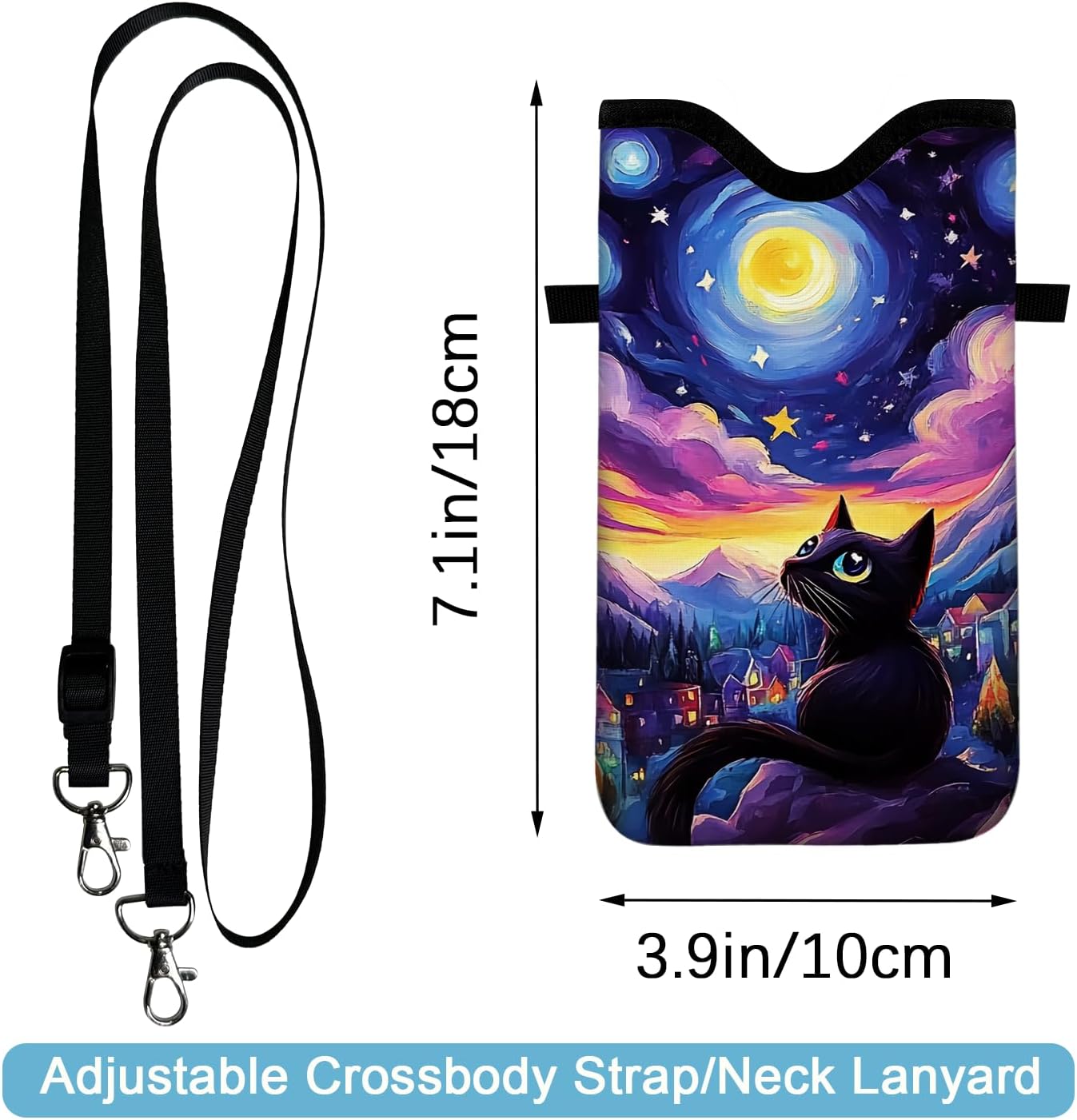 Neoprene Cell Phone Sleeve Pouch Case Bag with Crossbody Strap Neck Lanyard for Women 7.1 X 3.9 in Sky Cat - Image 2