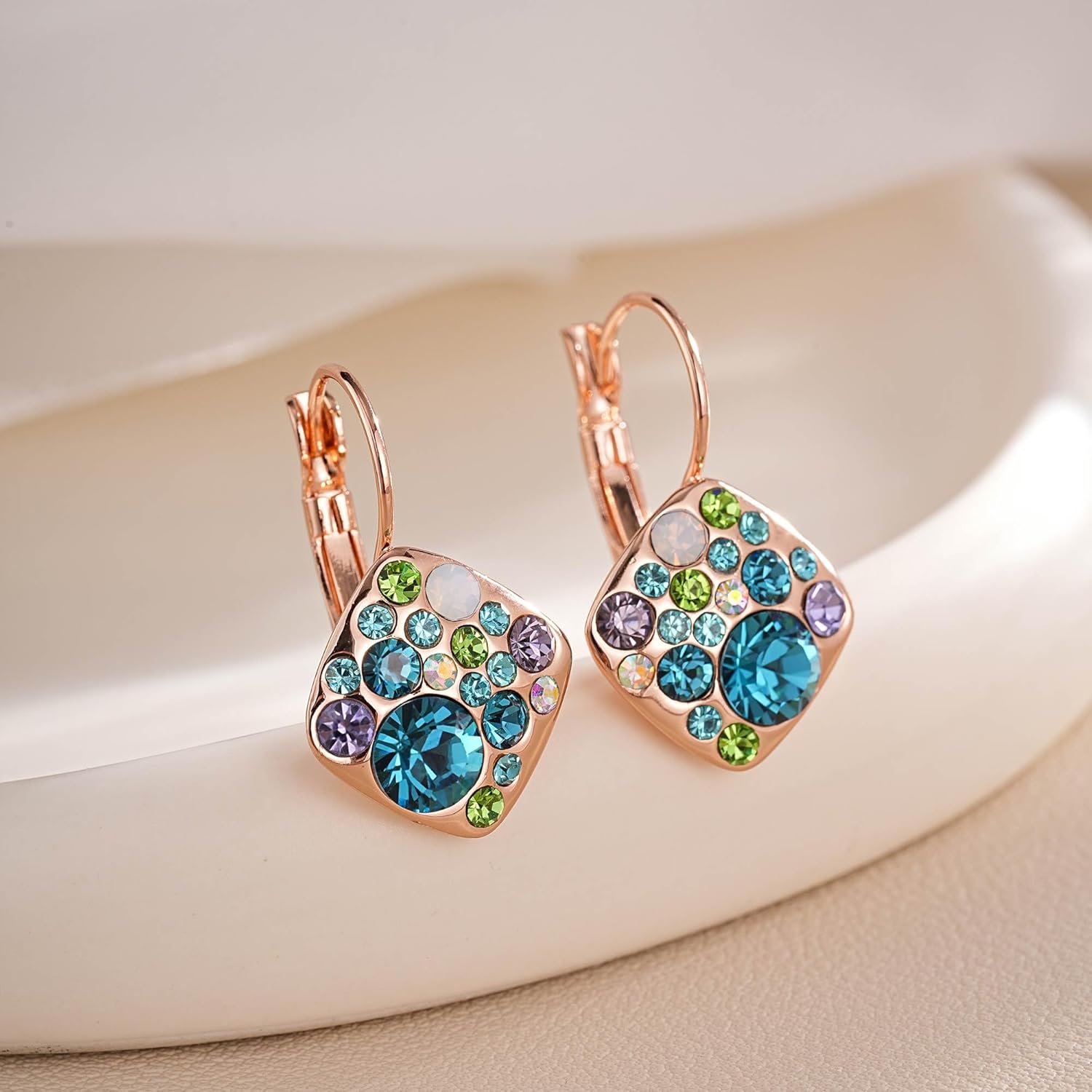 Multicolored Austrian Crystal Square Drop Leverback Earrings for Women 14K Gold Plated Huggie Earrings Hypoallergenic Jewelry - Image 5