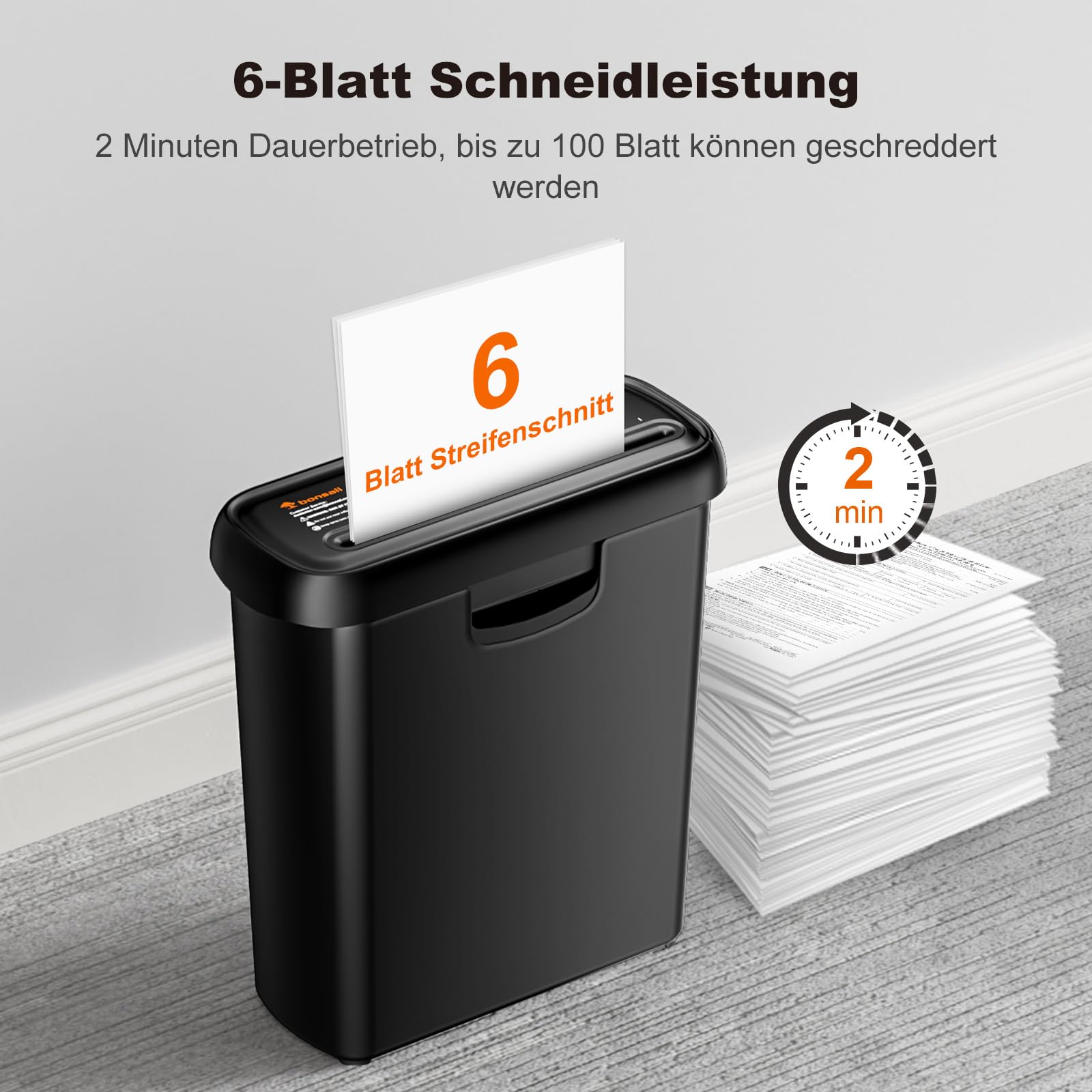 Bonsaii Aktenvernichter Aufsatz, 6 Blatt Streifenschnitt Schredder, Sicherheitsstufe P2, Dokumenten Papierschredder mit Teleskoparm, mit 9 Liter Papierkorb (S123-A)