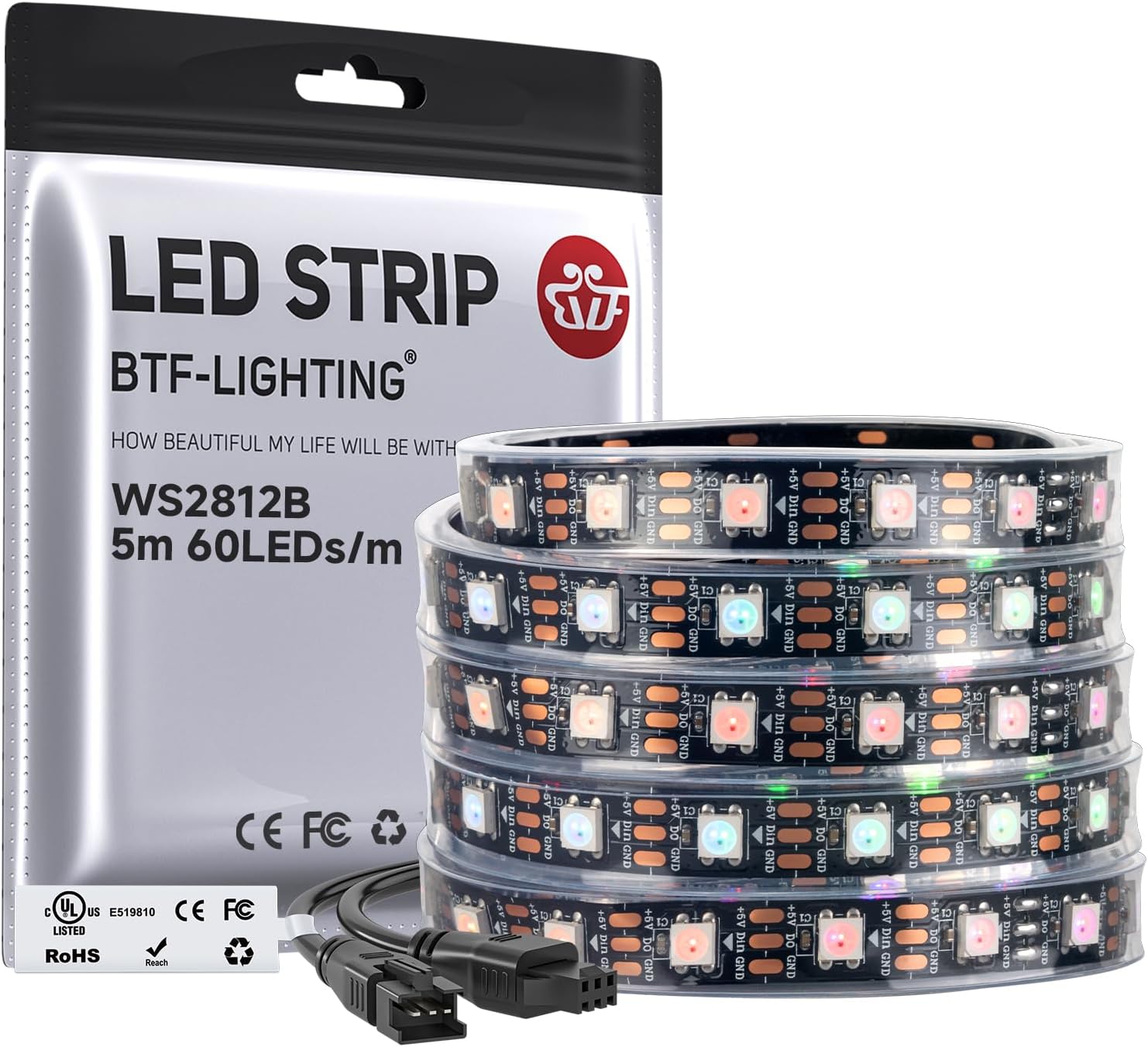 BTF-LIGHTING WS2812B 16.4ft 5m 60LEDs/Pixels/m Individually Addressable 5050SMD LED Strip Black PCB Full Color Flexible LED Pixel Strip Dream Color IP67 Waterproof DC5V for Indoor Lighting