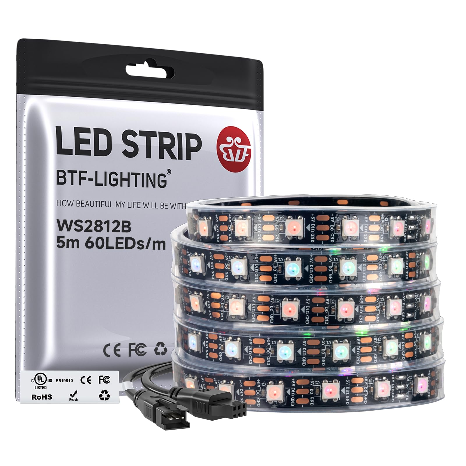 BTF-LIGHTING WS2812B 16.4ft 5m 60LEDs/Pixels/m Individually Addressable 5050SMD LED Strip Black PCB Full Color Flexible LED Pixel Strip Dream Color IP67 Waterproof DC5V for Indoor Lighting