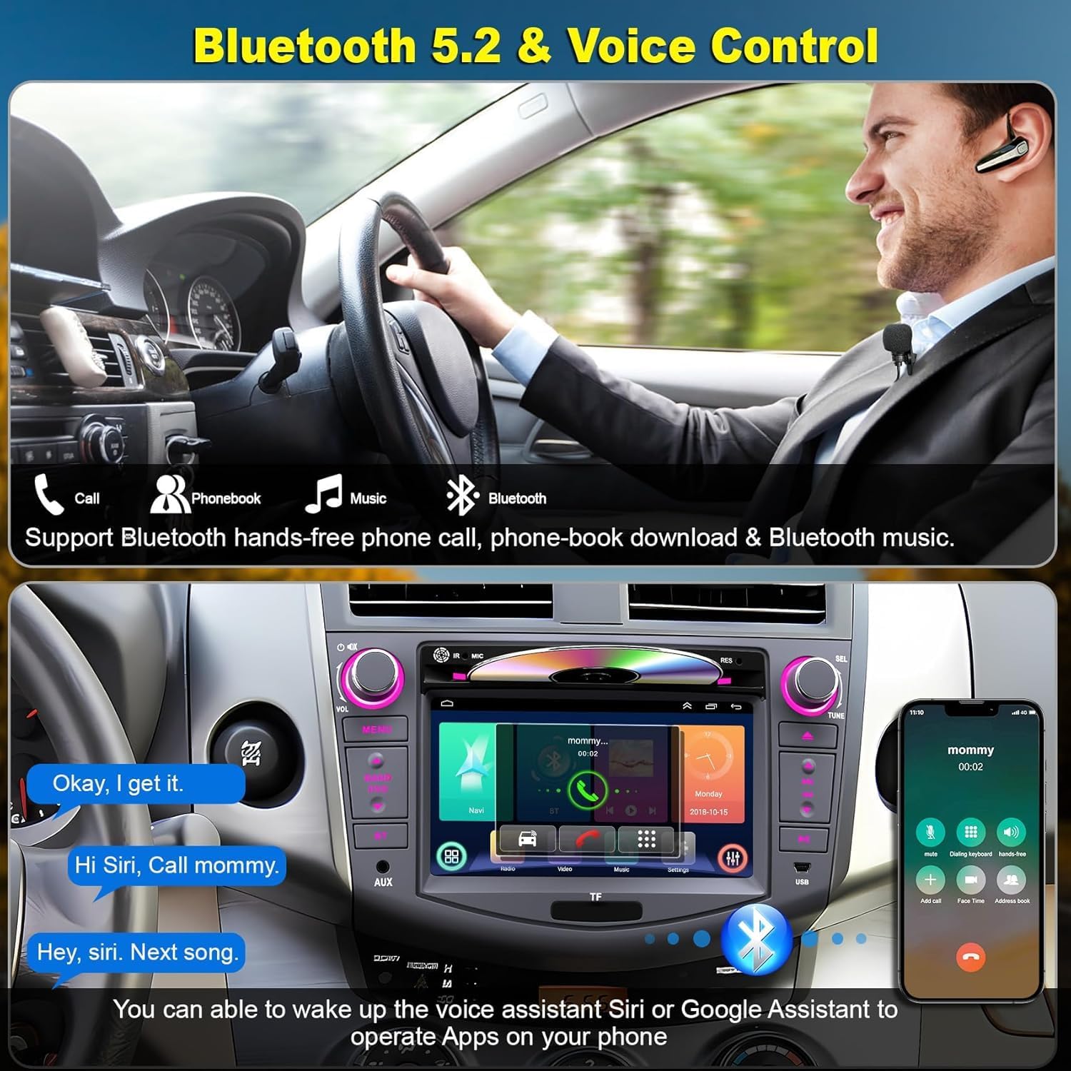Car Radio for Toyota RAV4 2007 2008 2009 2010 2011 2012, 7-inch Touch Screen Stereo Support CD/DVD,CarPlay&Android Auto, Bluetooth5.2&Voice Control, Backup Camera& SWC,AM/FM Car Radio Receiver