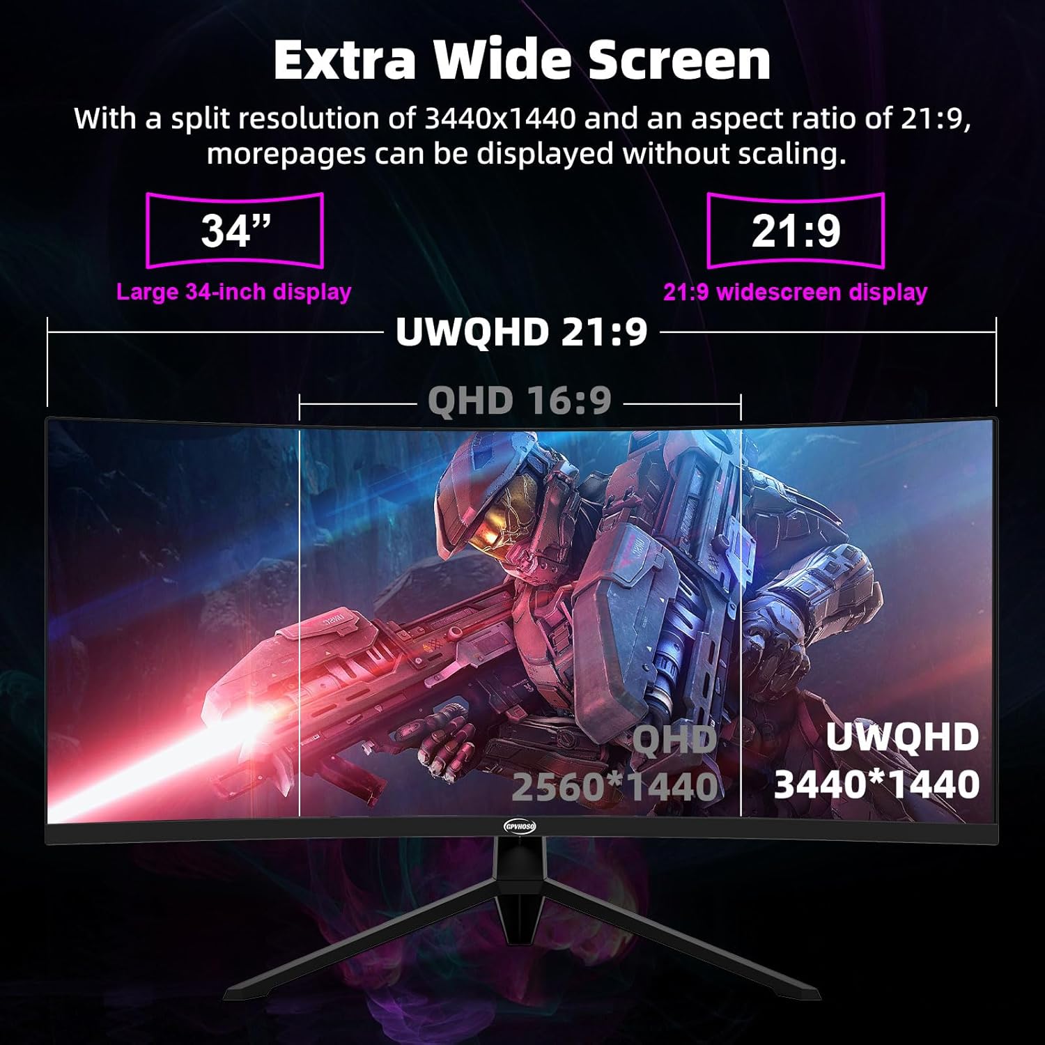 34 Inch 4K Curved Gaming Monitor, (3440x1440 ) 165Hz Ultrawide Computer Monitor, HDR, 1500R, 125% sRGB, DCI-P3 92%, HDMI/DP and Built-In Speaker Support Wall- Black - Image 4