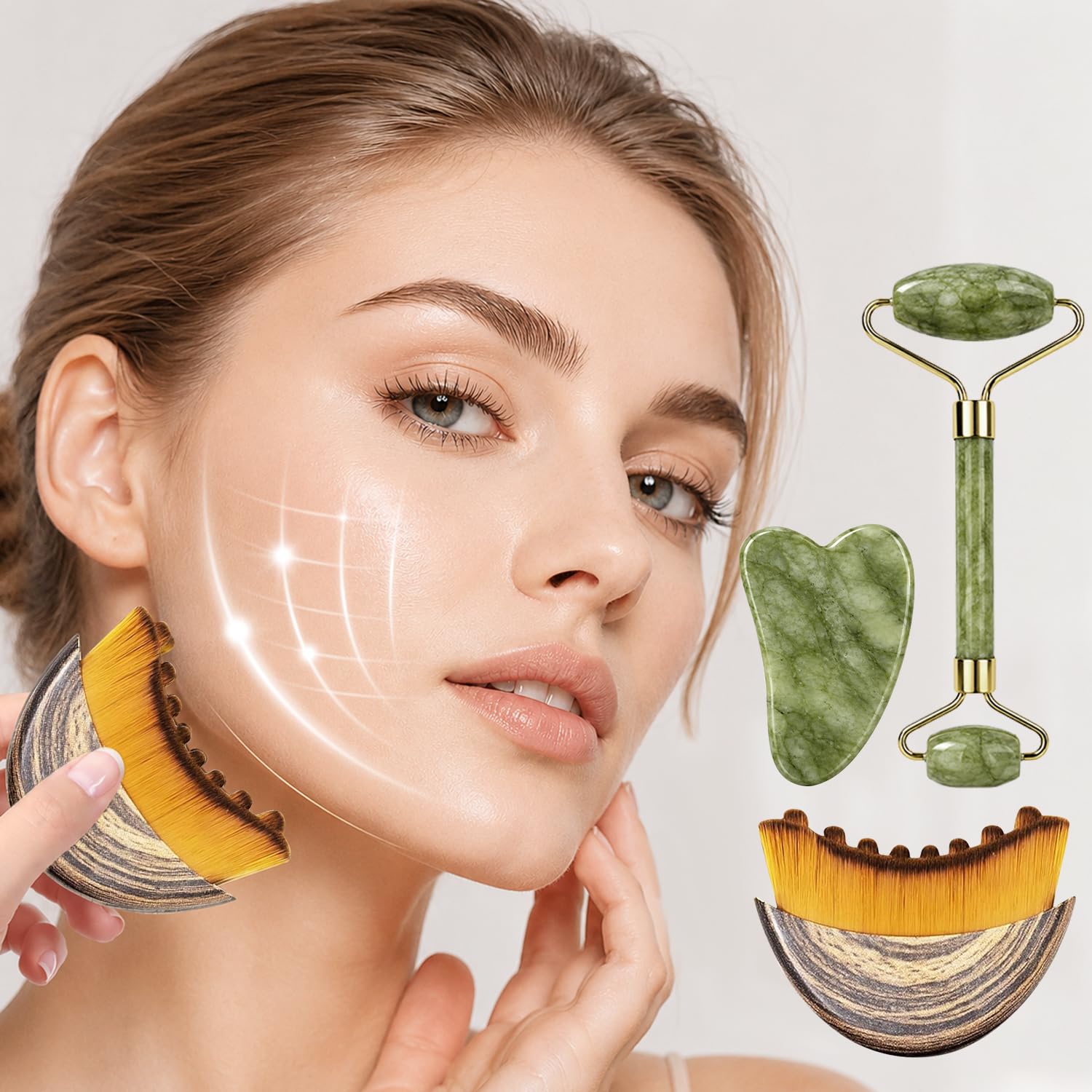 Cepillos Linfáticos Faciales Set 4 Piezas Jade Gua Sha y Rodillo de Jade Masaje Tensado Facial