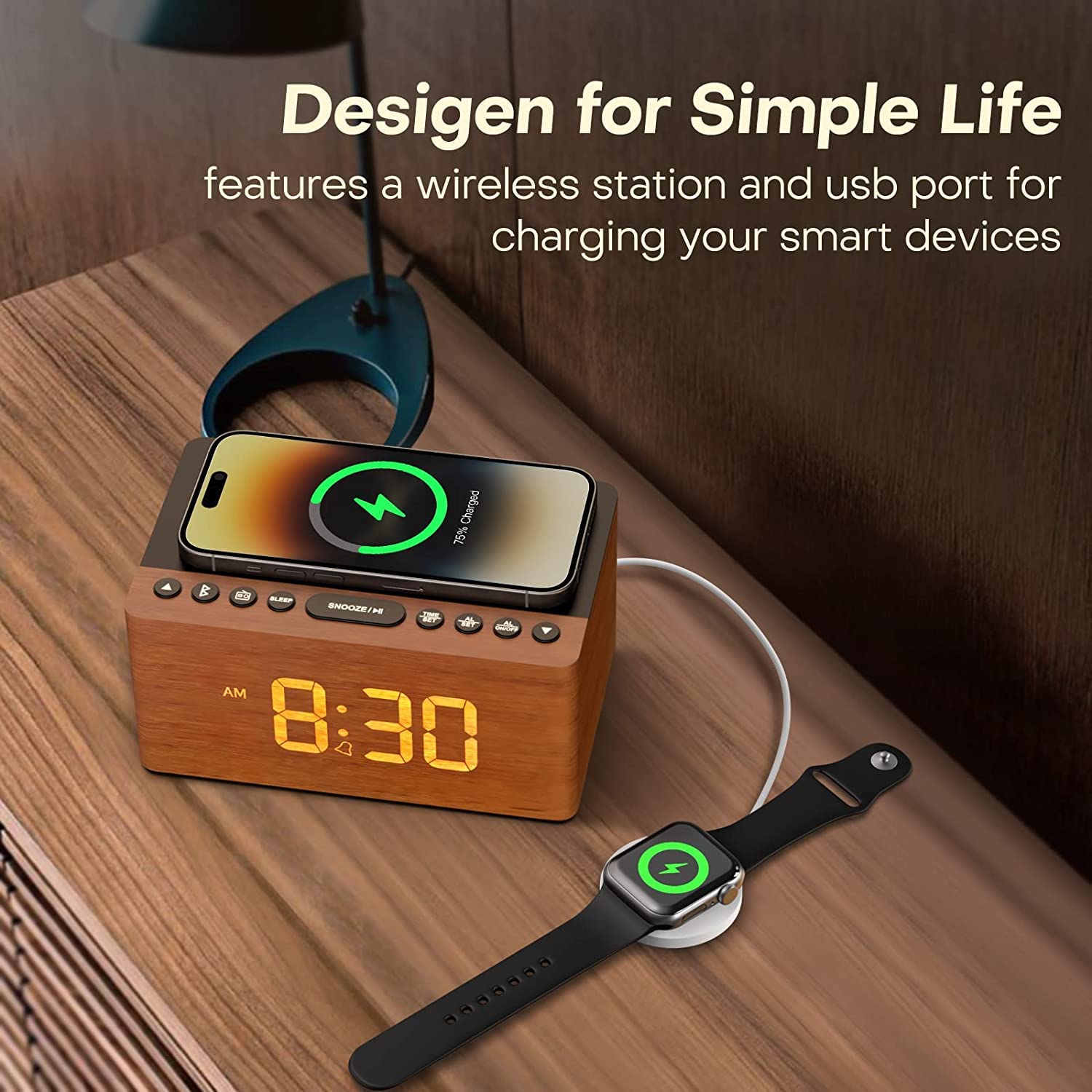 ANJANK Réveil haut-parleur Bluetooth en bois avec radio FM, station de charge sans fil pour iPhone/Samsung, port de charge USB, écran à intensité variable, minuterie de sommeil, horloge numérique en