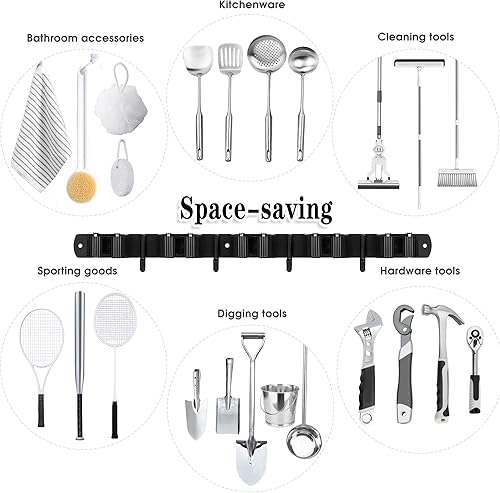 Miniatura 7 de 2 estantes y 3 ganchos y 5 estantes y 4 ganchos para escoba y trapeador montado en la pared, organizador de garaje, estantes de herramientas de