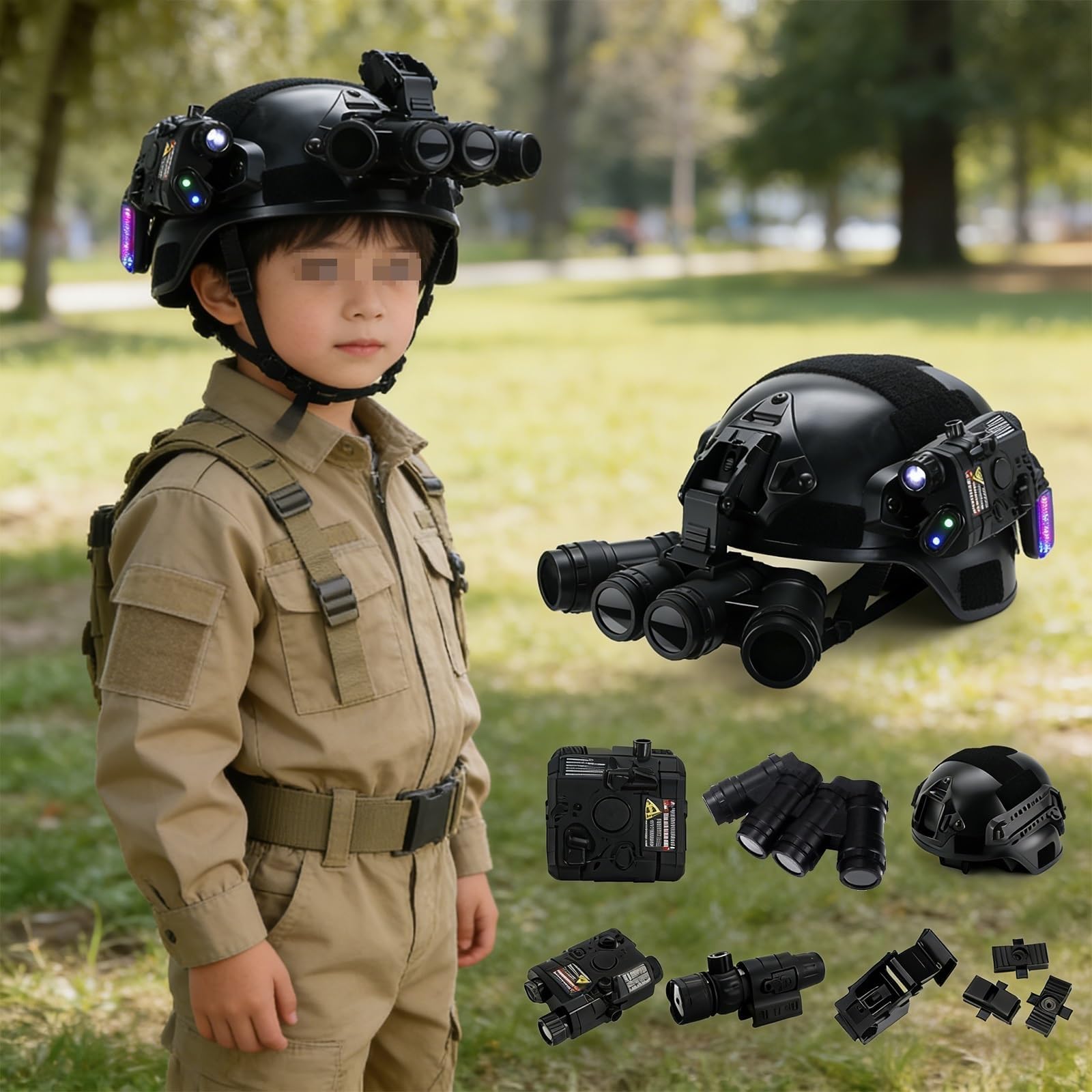 Taktisches Helmset for Kinder Mit 4-Augen-Nachtsichtmodell, Taschenlampe Und NVG-Halterung, Multifunktionaler Kampfhelm for Airsoft, Cosplay, Outdoor-Spiele