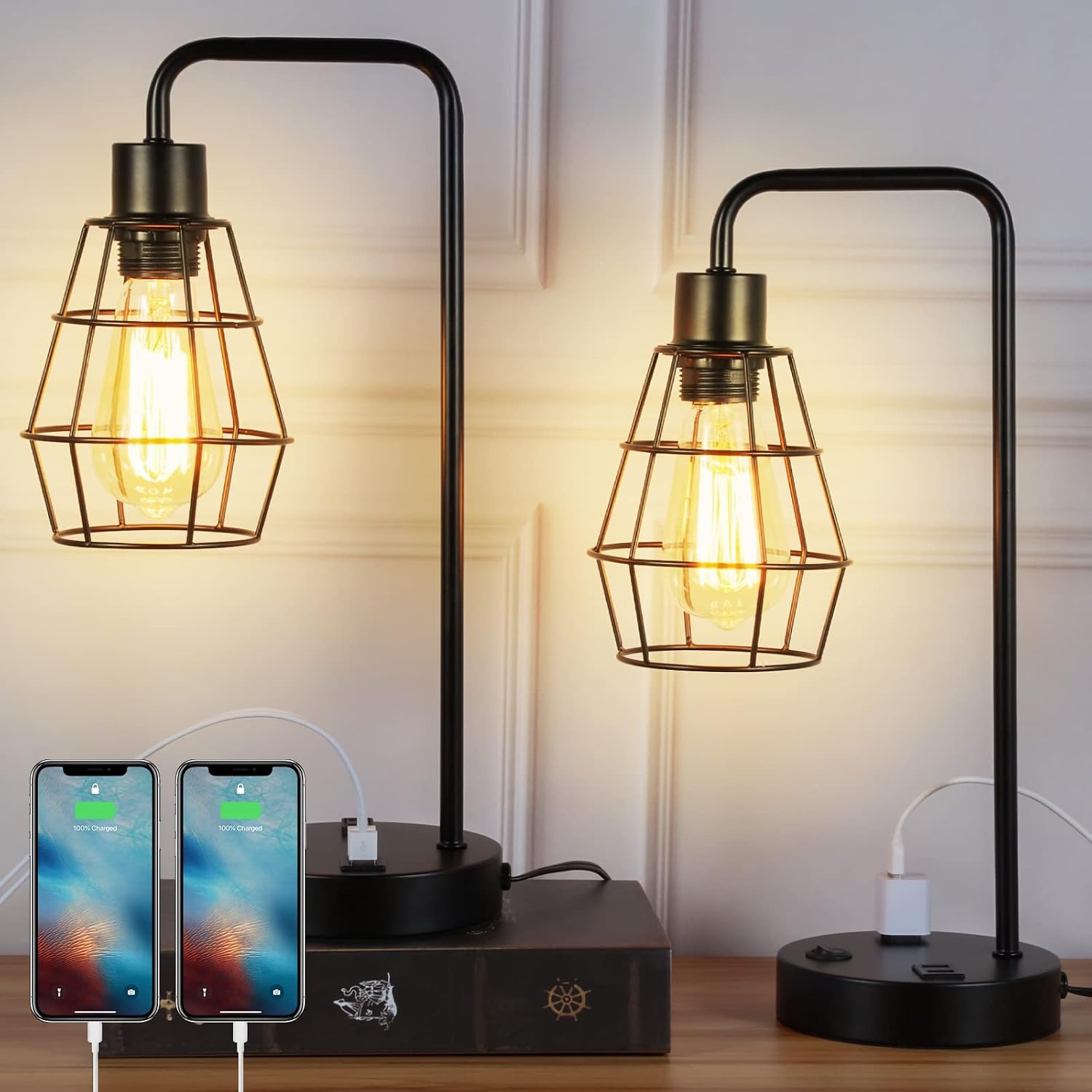 CADUKE Set of 2 Desk Lamp with USB Charging Port and Outlet, Industrial Edison Lamp for Bedroom, Nightstand Table Lamp for Living Room Home Office