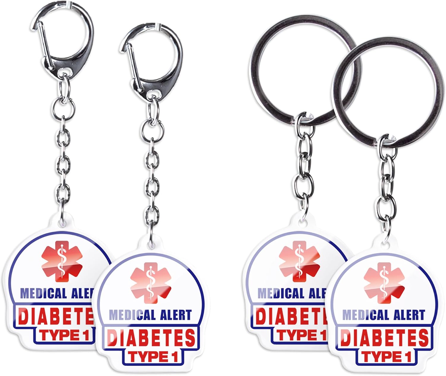 4pc Type1 Diabetes Alert Keychains - 2-Sided Allergy Tags for Bags/Zipper Pulls (Adult & Child)