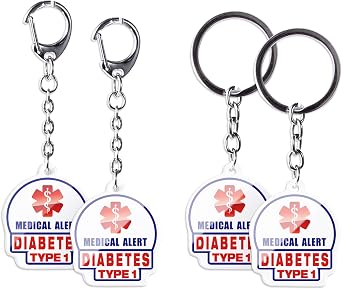 4pc Type1 Diabetes Alert Keychains - 2-Sided Allergy Tags for Bags/Zipper Pulls Adult & Child