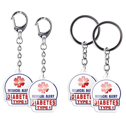 Hiverst 4pc Type1 Diabetes Alert Keychains - 2-Sided Allergy Tags