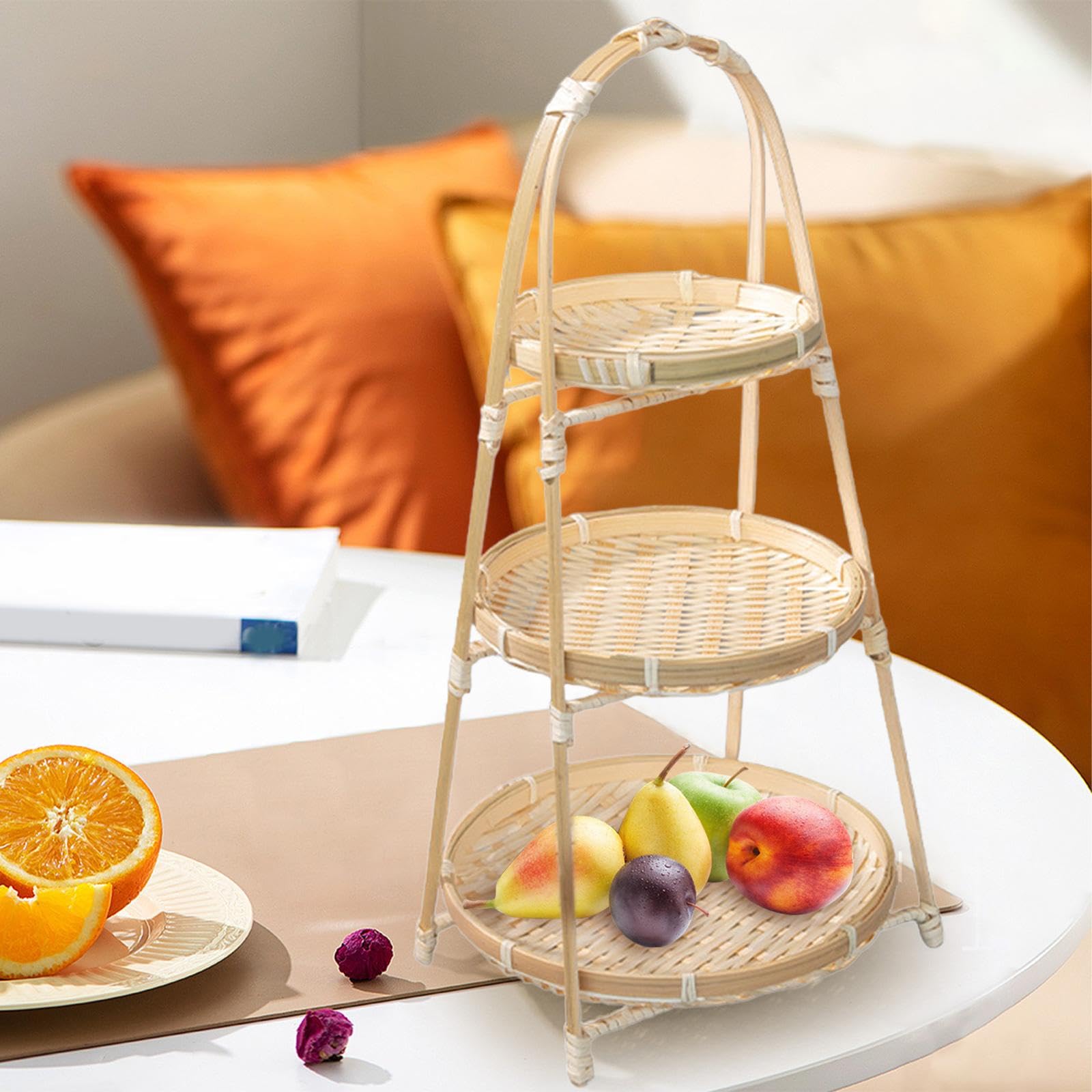 Handwoven Fruit Basket Bamboo Storage Basket Organizer Meal Basket Fruit Bowl Serving Tray Food Basket for Kitchen Home, Three Layer