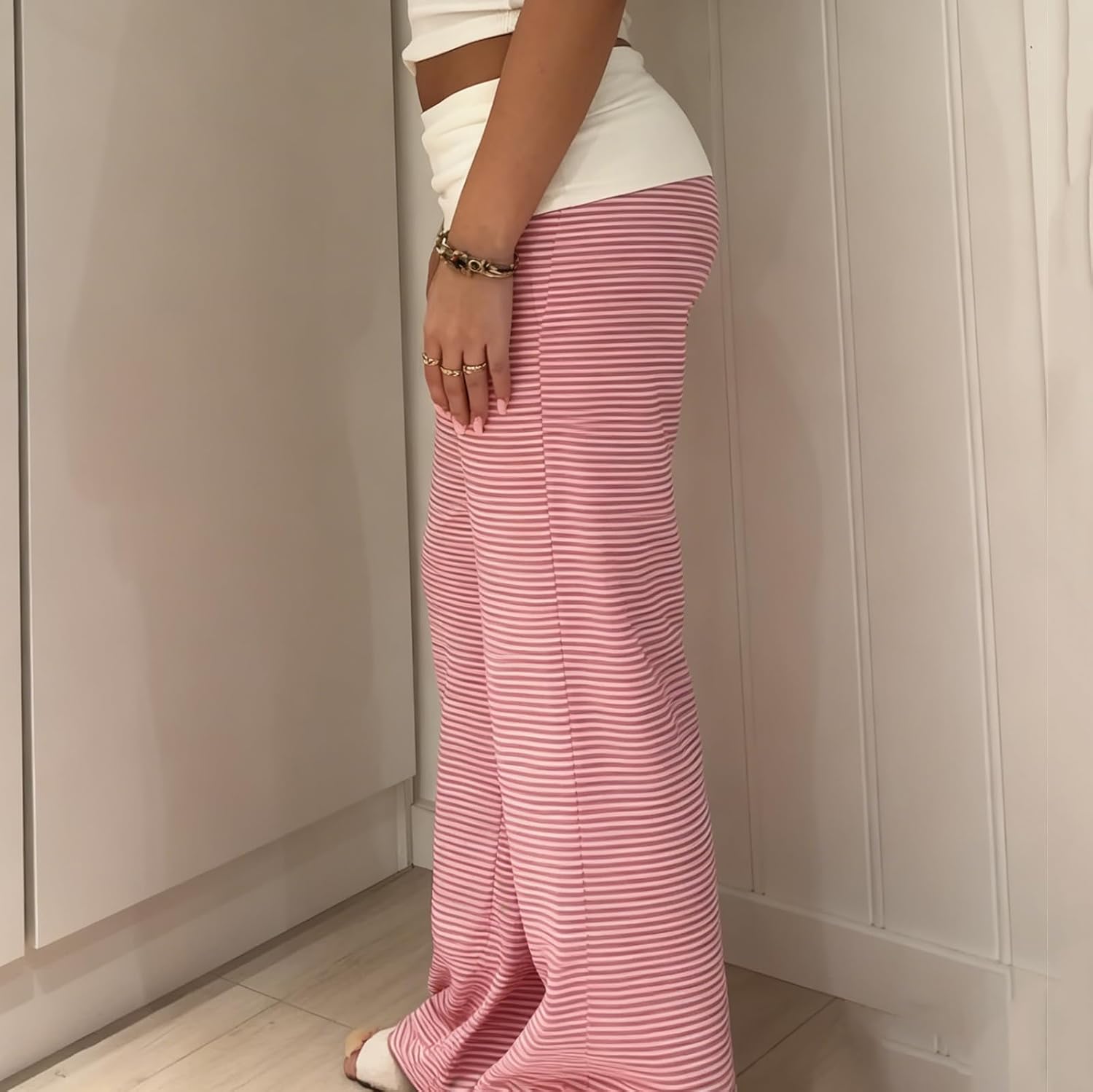 Women Y2K Fold Over Yoga Pants Elastic Low Waist Contrast Color Straight Wide Leg Soft Sweatpants - Image 5