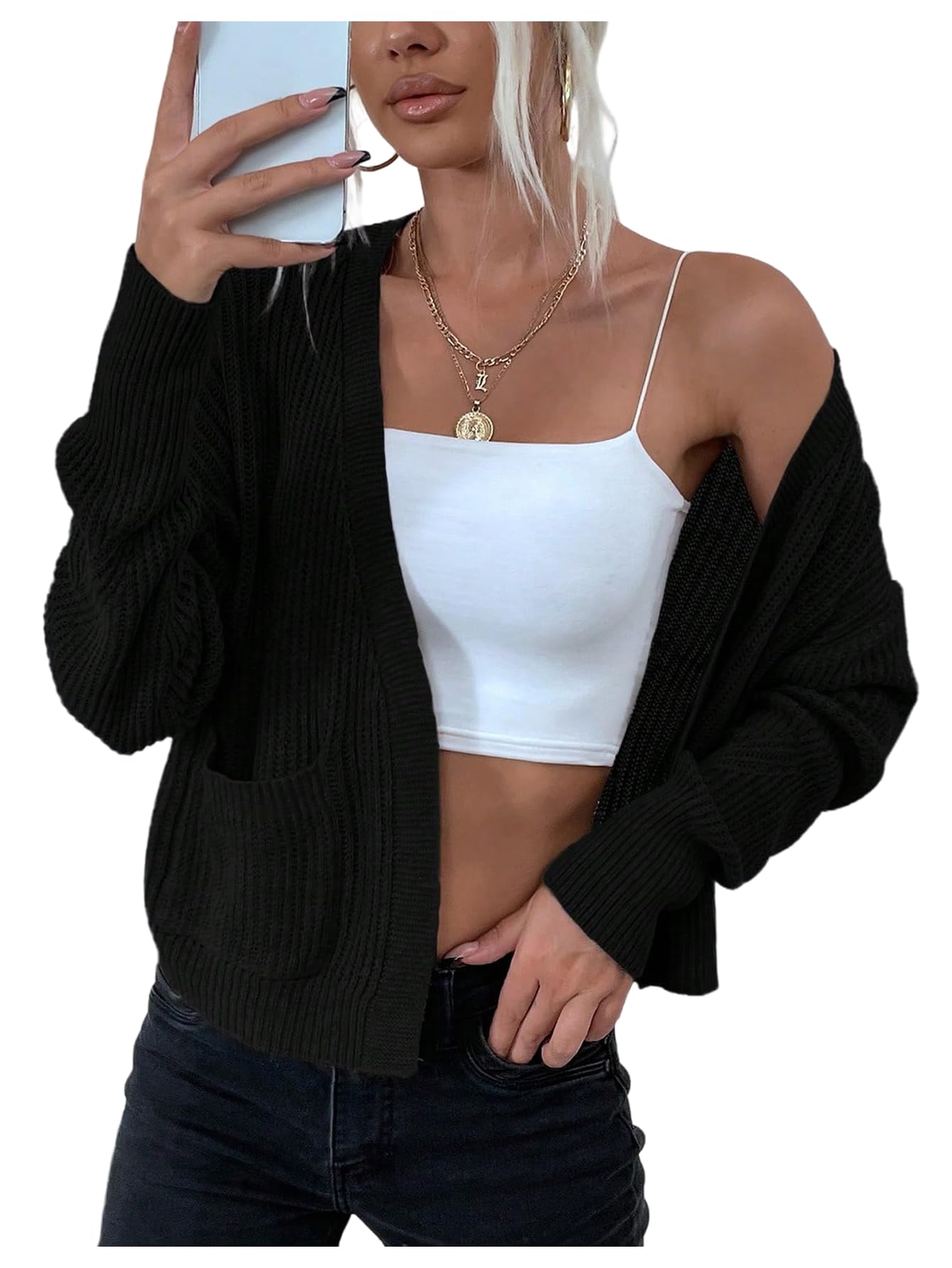 Floerns Womens Long Sleeve Rib Knit Cardigans Open Front Sweaters with Pockets