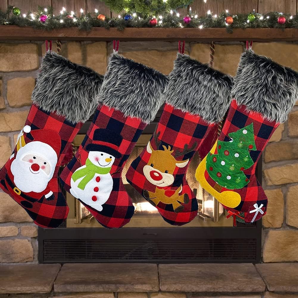 Sugaroom 4 Pack Christmas Stockings 18" Red Black Buffalo Plaid Christmas Stockings with Plush Faux Fur Cuff Xmas Stockings Fireplace Hanging Stockings for Family Holiday Christmas Decorations