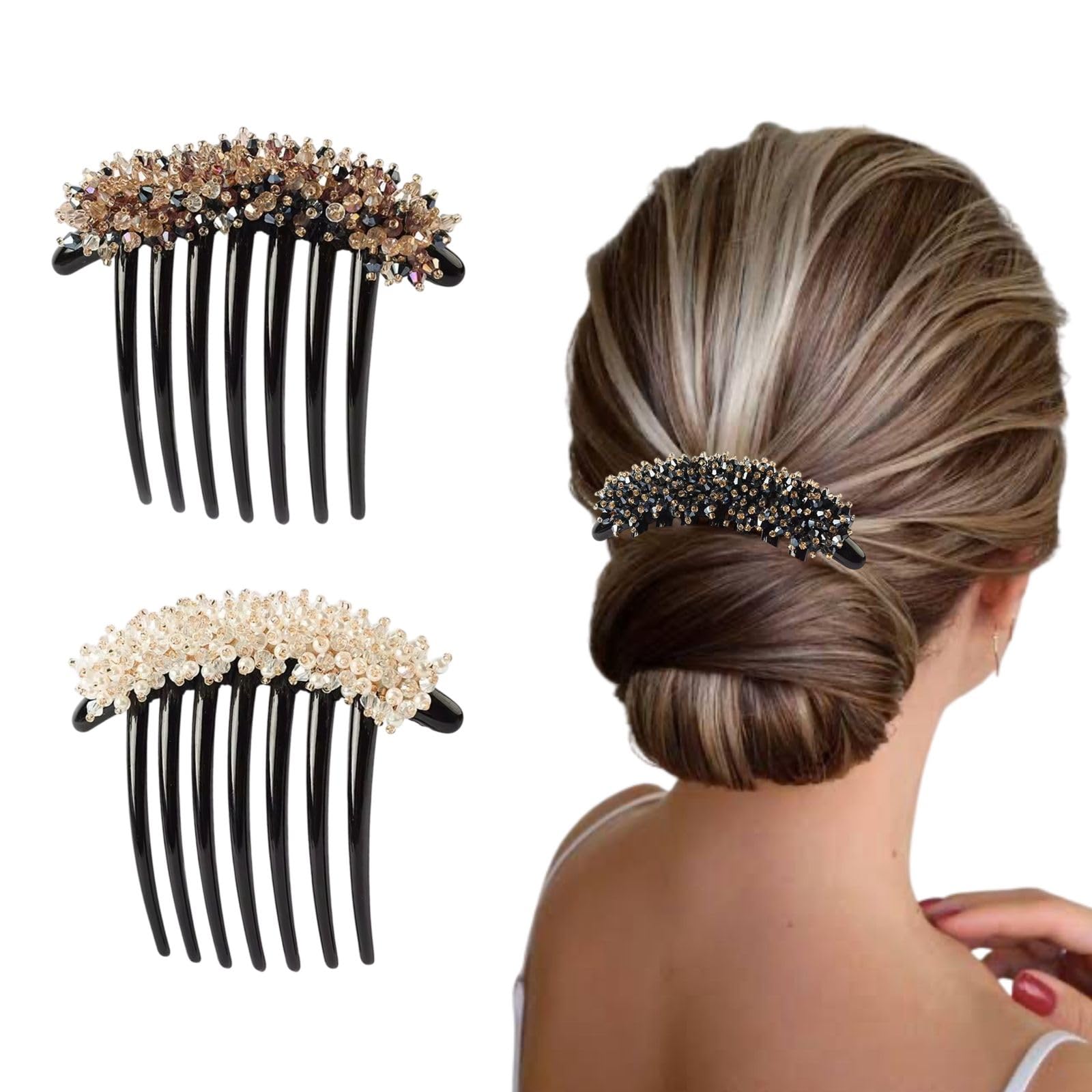 HONEY ACCESSORIES-2pc French Twist Comb, Multiple Colors Rhinestone Pearl Hair Comb Clips,Women's Retro Rhinestone Hair Comb Elegant Accessories Plastic Hairpin Disc Hair Styling Tool Fashion Barrette Hair Accessories (C)-image-38